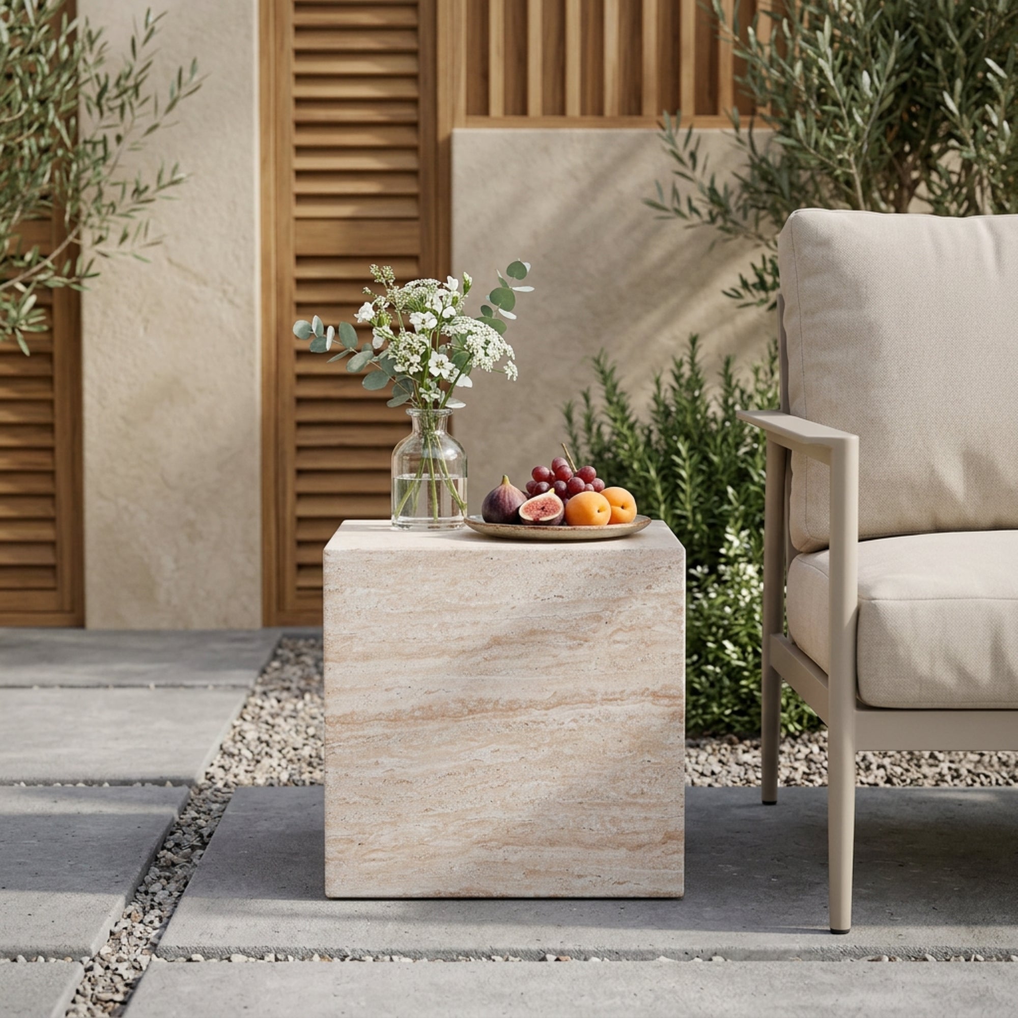 Outdoor/Indoor Square Travertine Lightweight Concrete Side Table