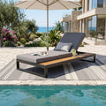 Black Iron & Teak Finish Chaise Lounge Set: 1 Frame + 1 3-Fold Dark Cushion