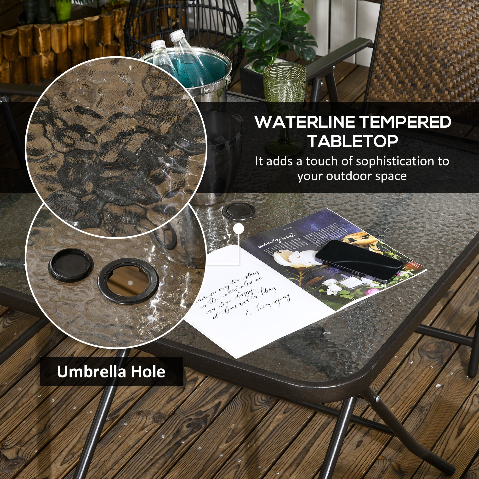 5-Piece Foldable Wicker Patio Dining Set with Umbrella Hole – Dark Brown