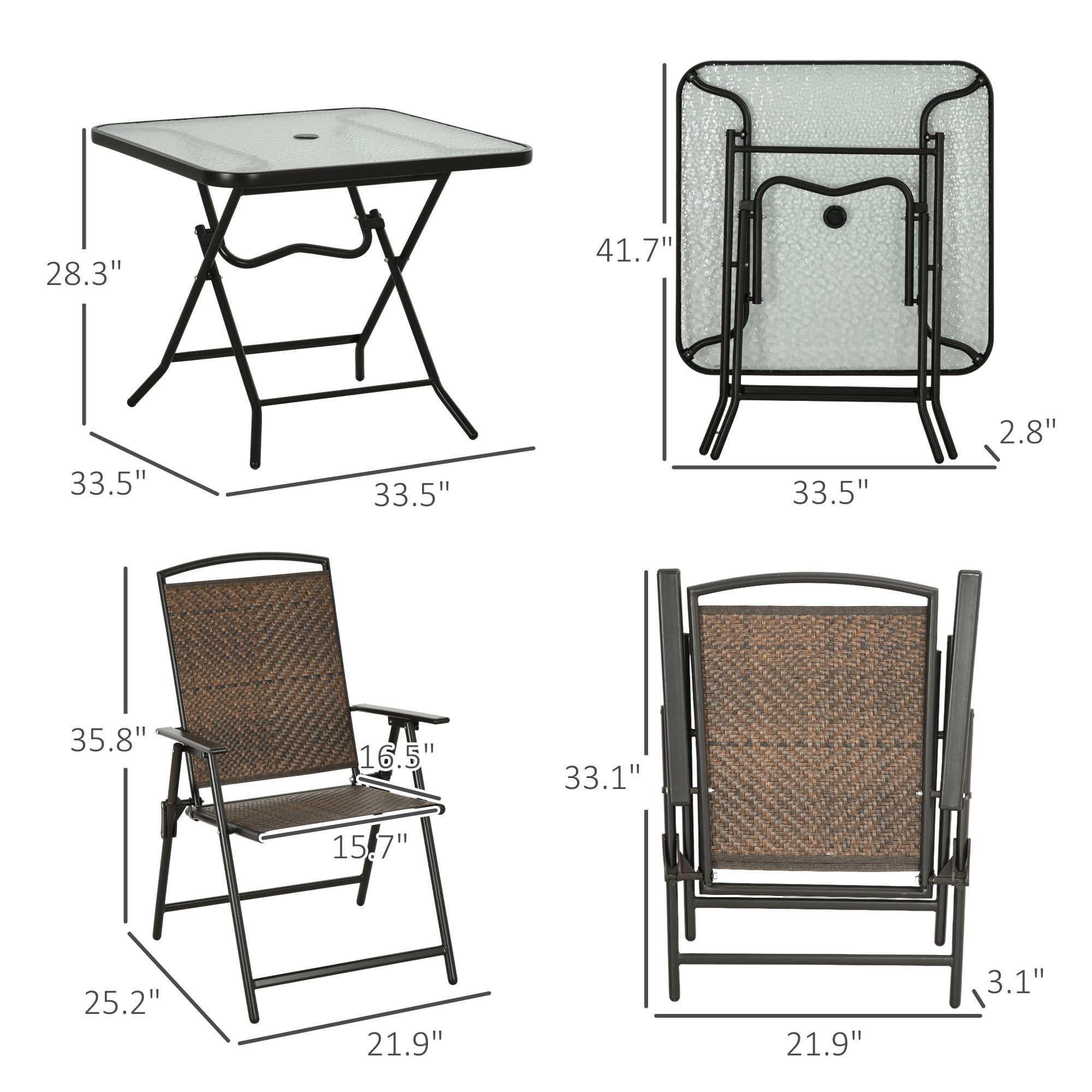 5-Piece Foldable Wicker Patio Dining Set with Umbrella Hole – Dark Brown