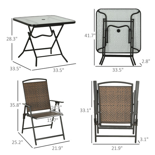 5-Piece Foldable Wicker Patio Dining Set with Umbrella Hole – Dark Brown