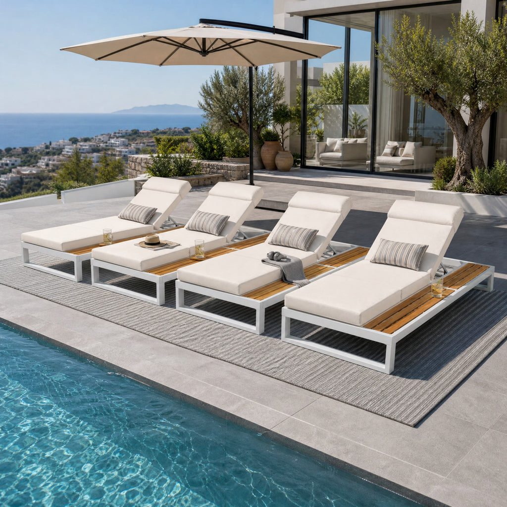 White Iron & Teak Finish Chaise Lounge Set