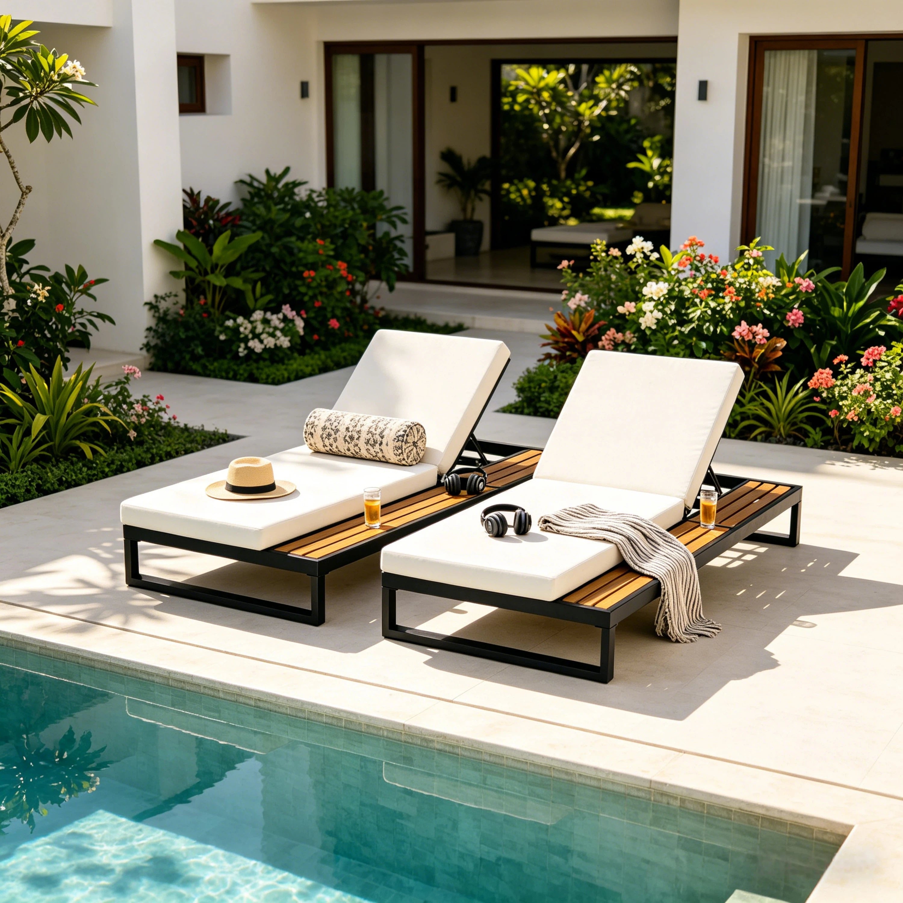 Black Iron & Teak Finish Chaise Lounge Set