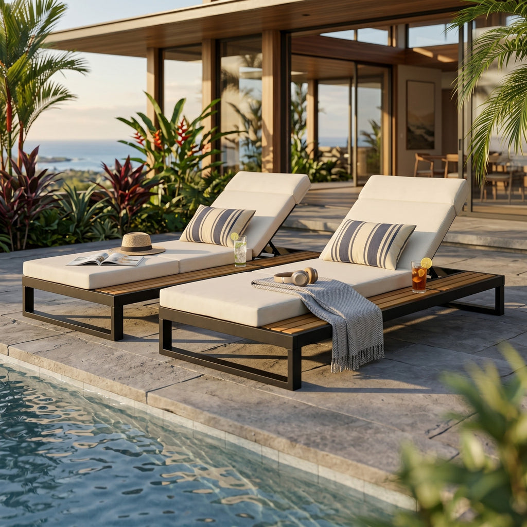 Black Iron & Teak Finish Chaise Lounge Set: 1 Frame + 1 4-Fold