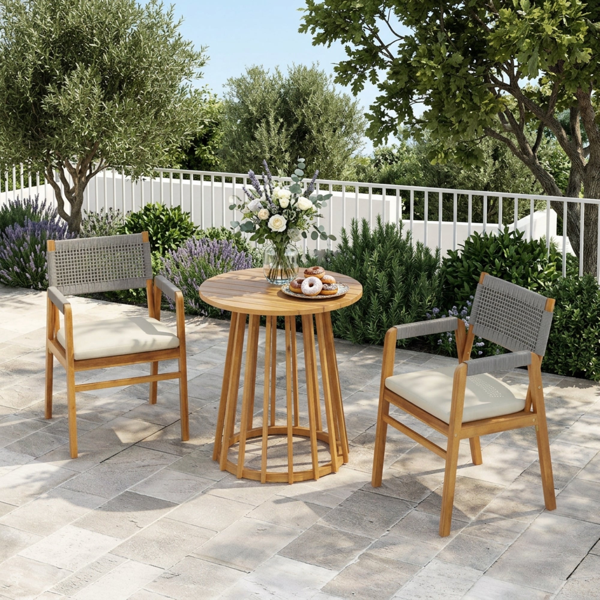 Outdoor 3-Pcs Acacia Wood Dining Set with Cushions