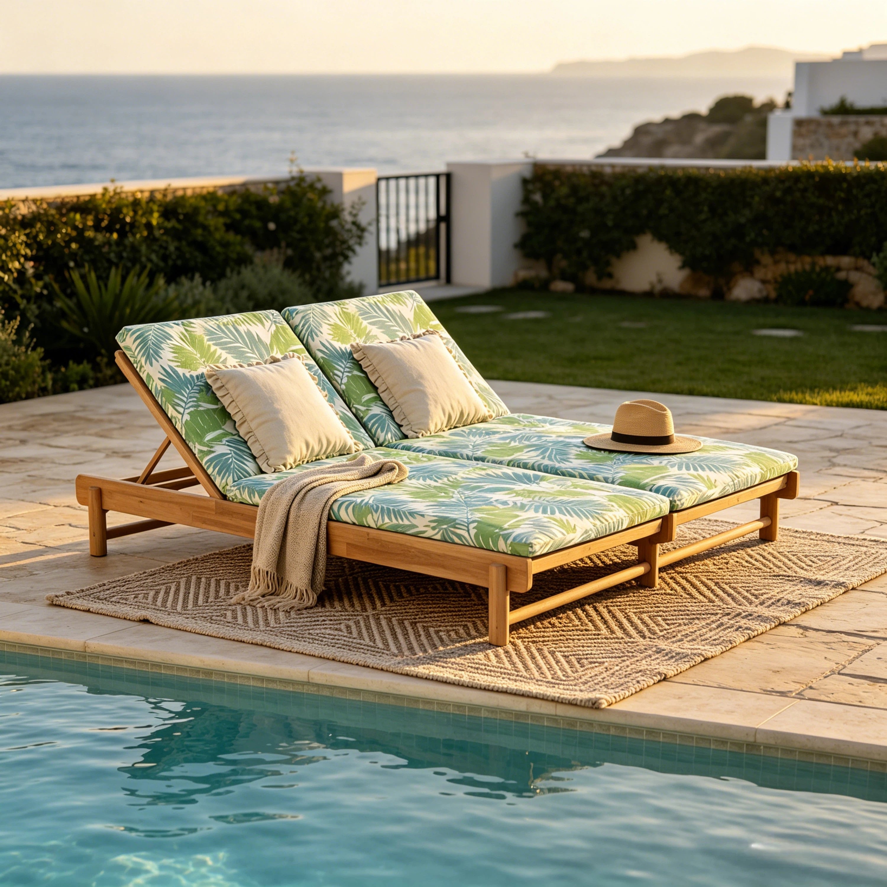 Light Teak Acacia Wood Double Chaise Lounger Set