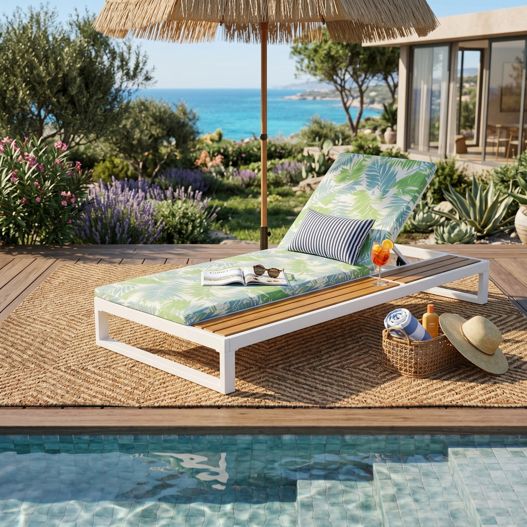 White Iron & Teak Finish Chaise Lounge Set