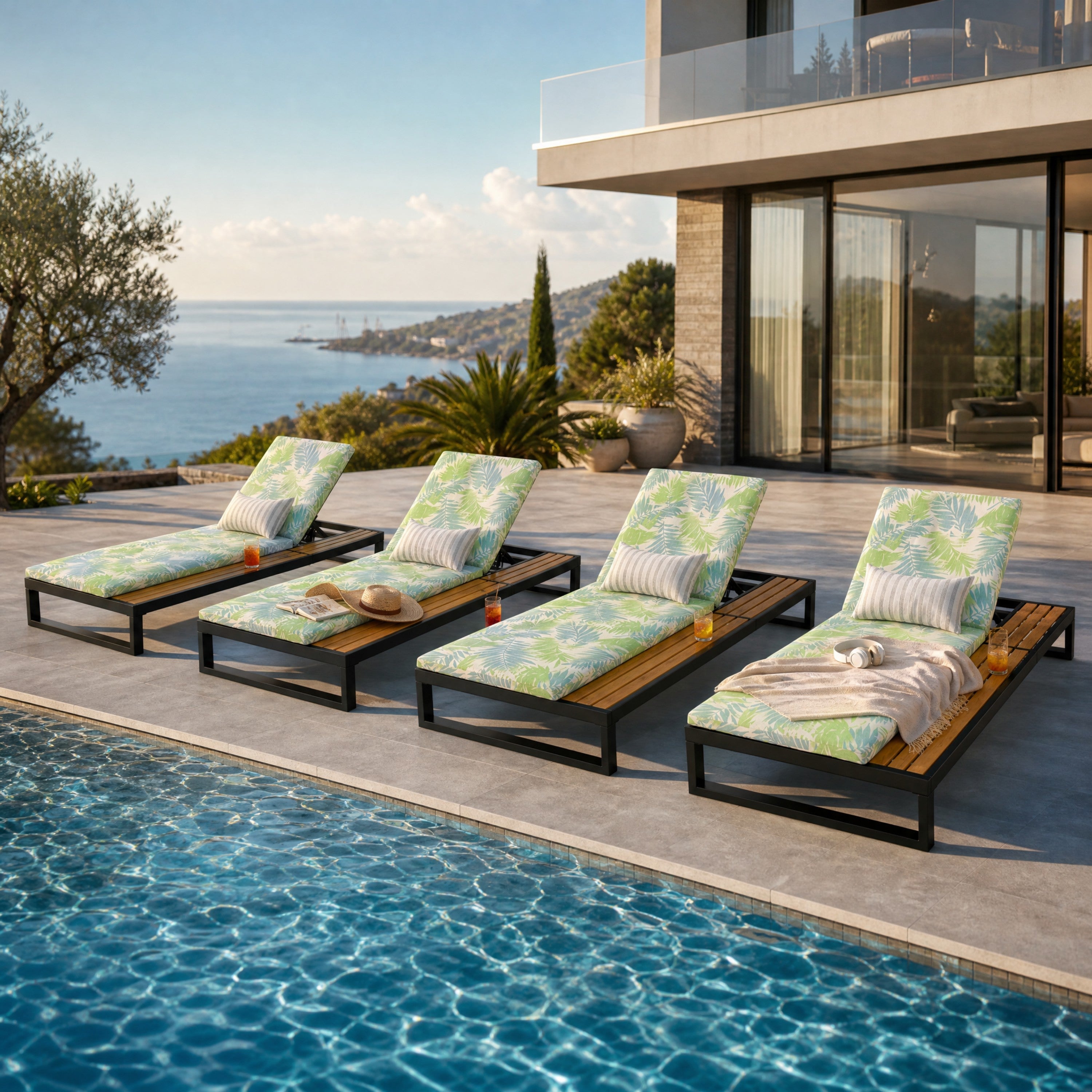 Black Iron & Teak Finish Chaise Lounge Set