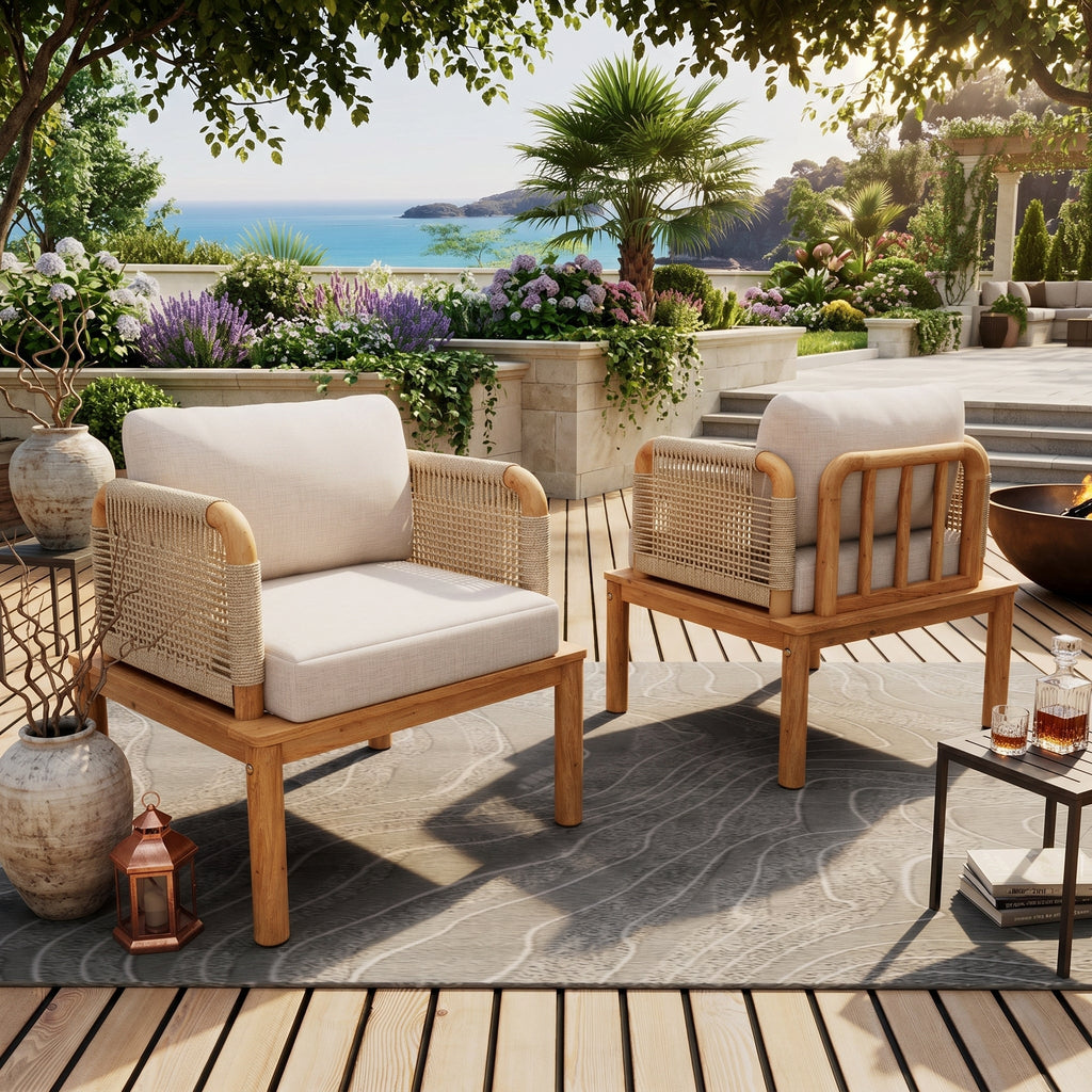 Outdoor Acacia Wood and Rope Club Chair with Cushions (Set of 2)
