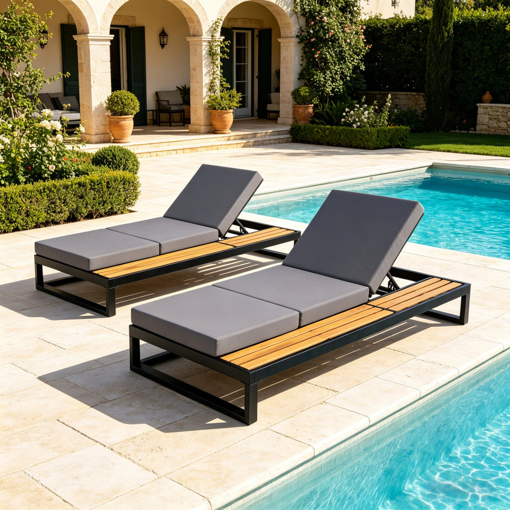 Black Iron & Teak Finish Chaise Lounge Set: 1 Frame + 1 3-Fold Dark Cushion