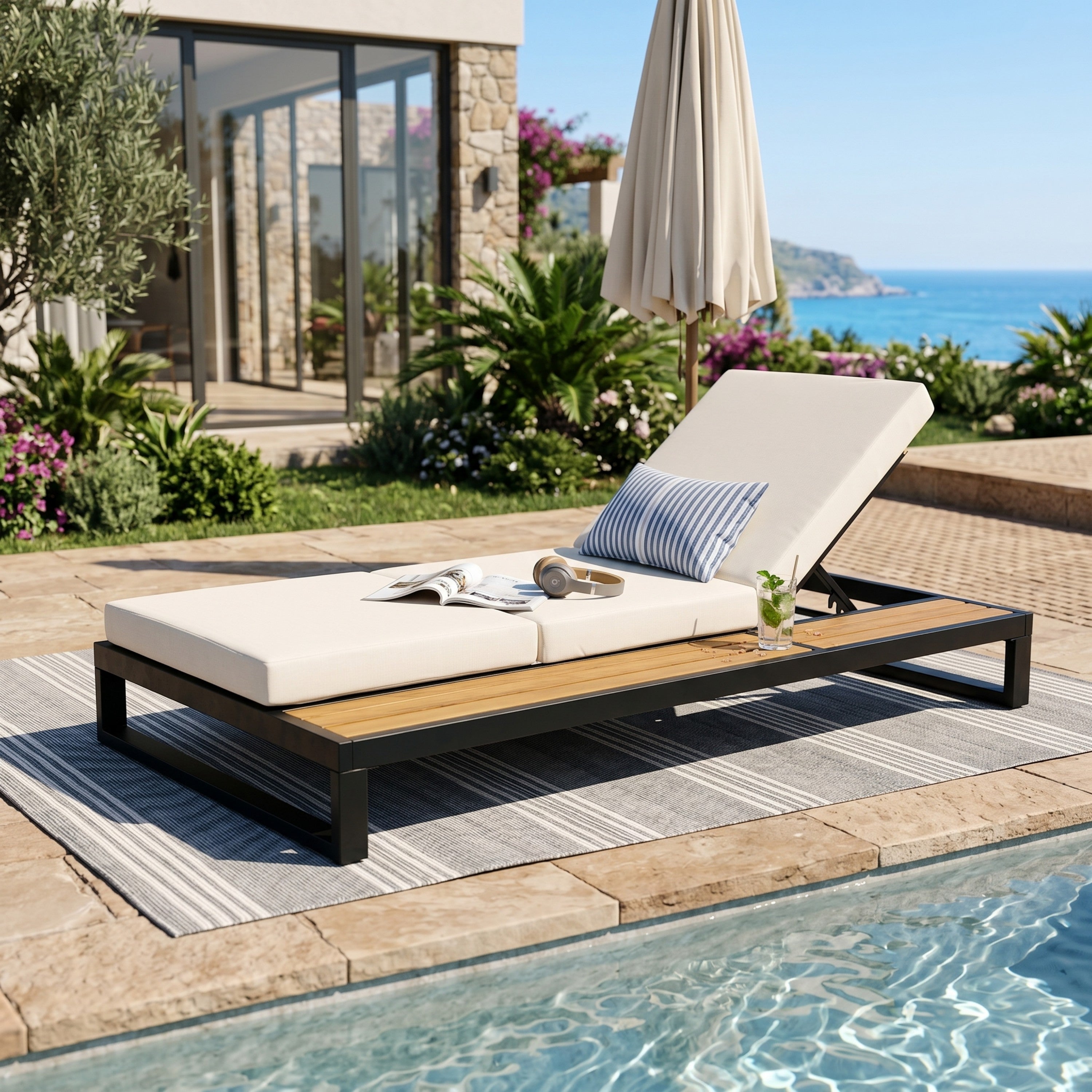 Black Iron & Teak Finish Chaise Lounge Set