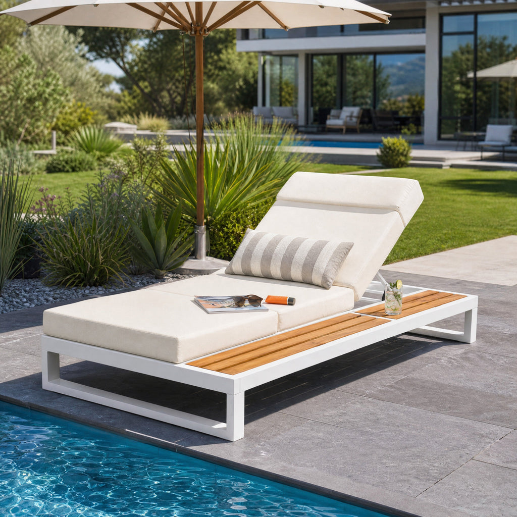 White Iron & Teak Finish Chaise Lounge Set