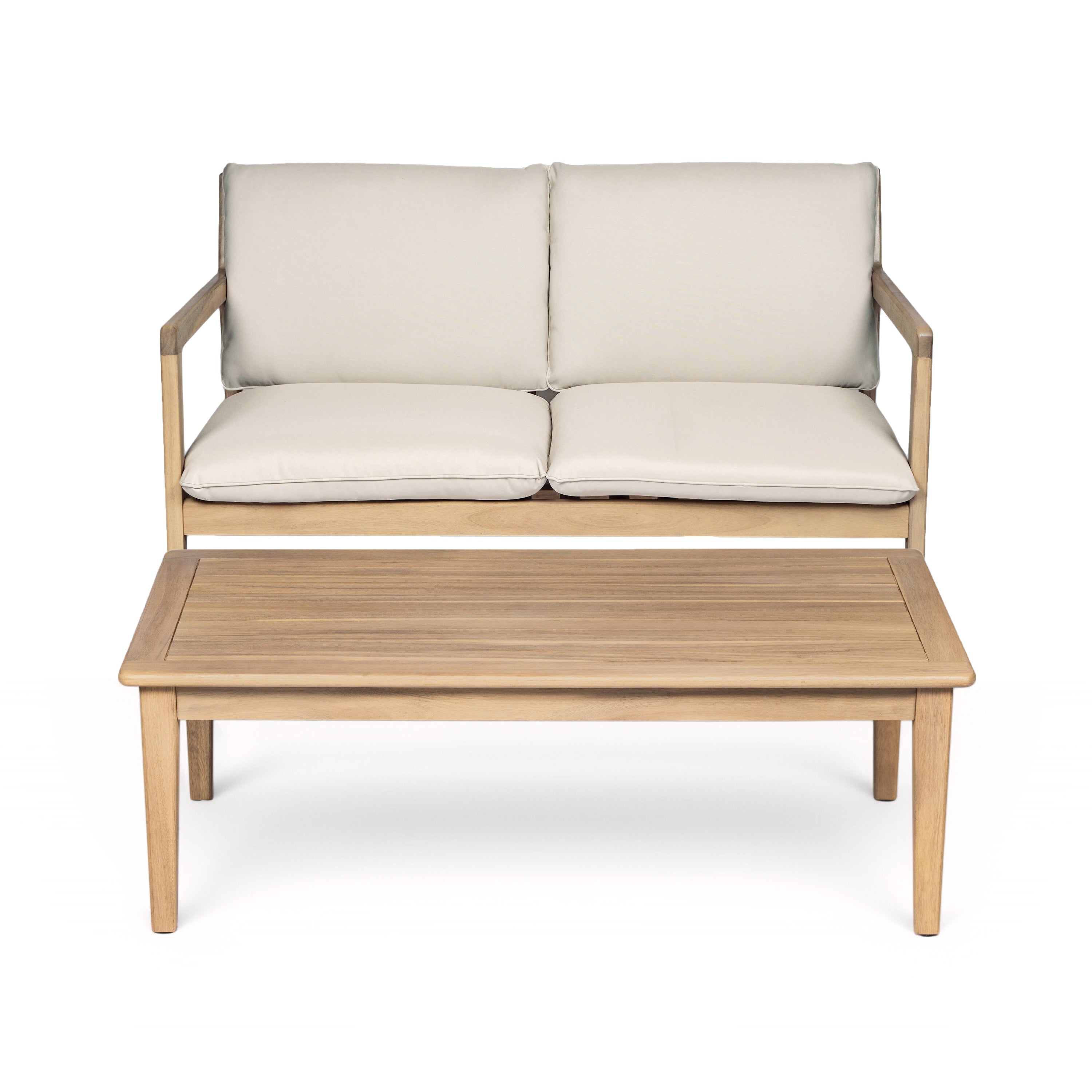 Outdoor Acacia Wood Loveseat with Coffee Table, Light Teak Frame
