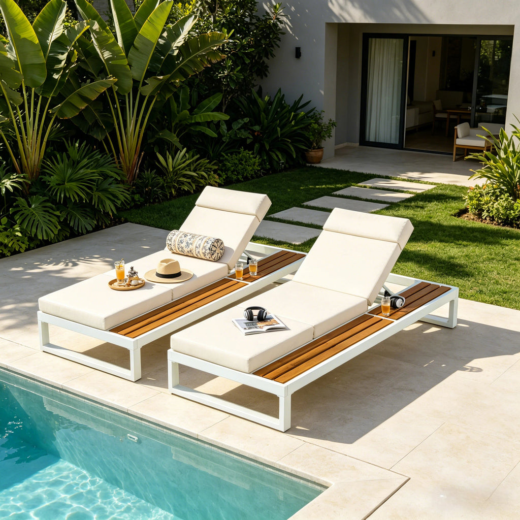 White Iron & Teak Finish Chaise Lounge Set