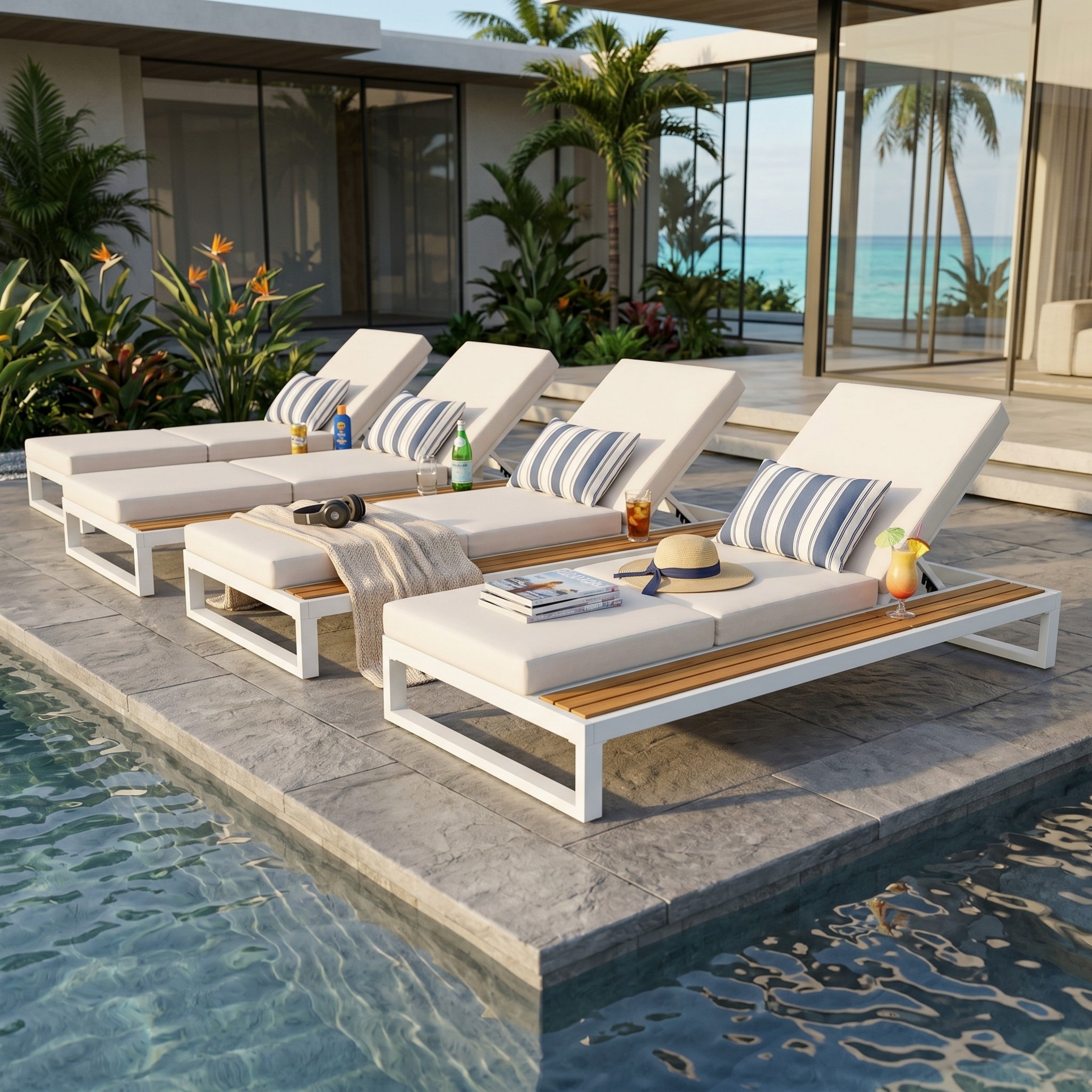 White Iron & Teak Finish Chaise Lounge Set