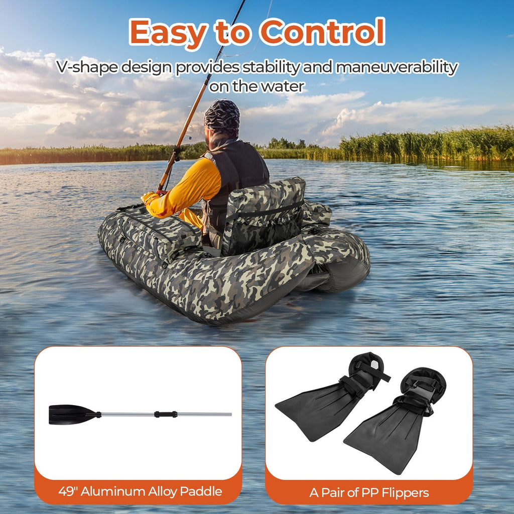 Inflatable Float Tube with Fish Ruler Rod Holder and Storage Pockets-Camouflage