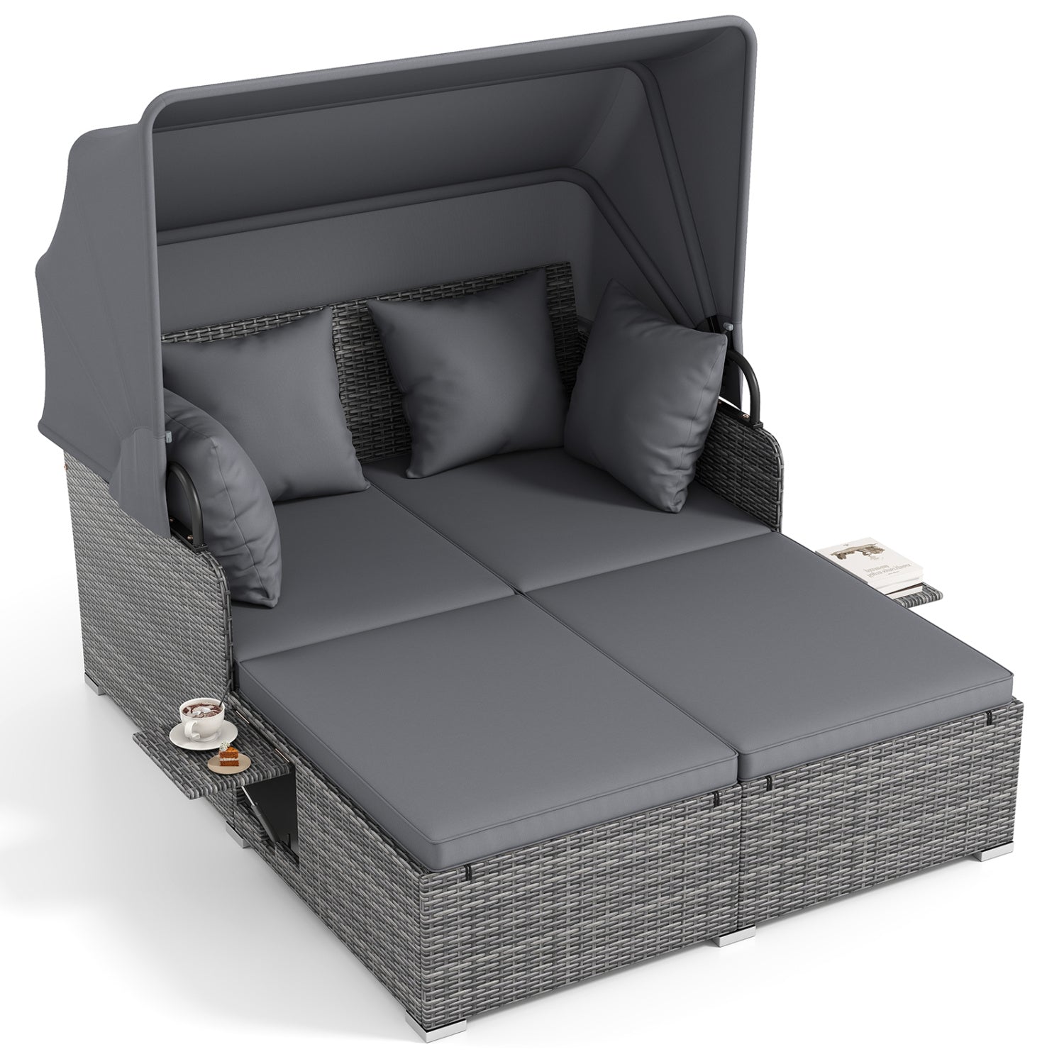 Patio Rattan Daybed with Retractable Canopy and Side Tables