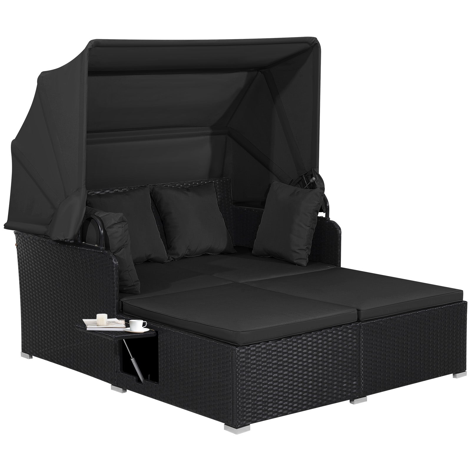 Patio Rattan Daybed with Retractable Canopy and Side Tables