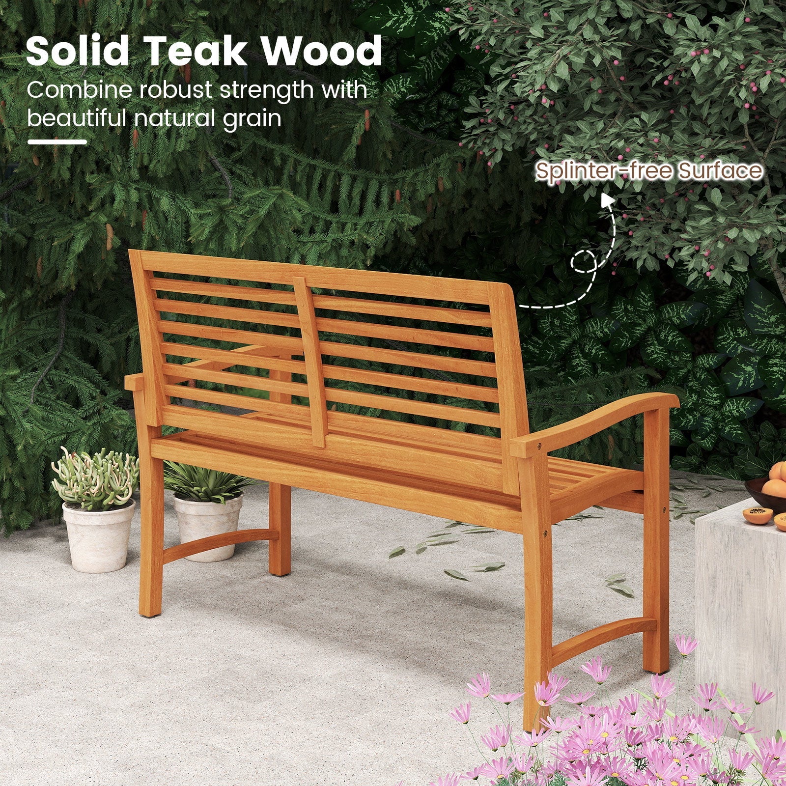 Teak Wood Outdoor Garden Bench with Slatted Backrest and Seat
