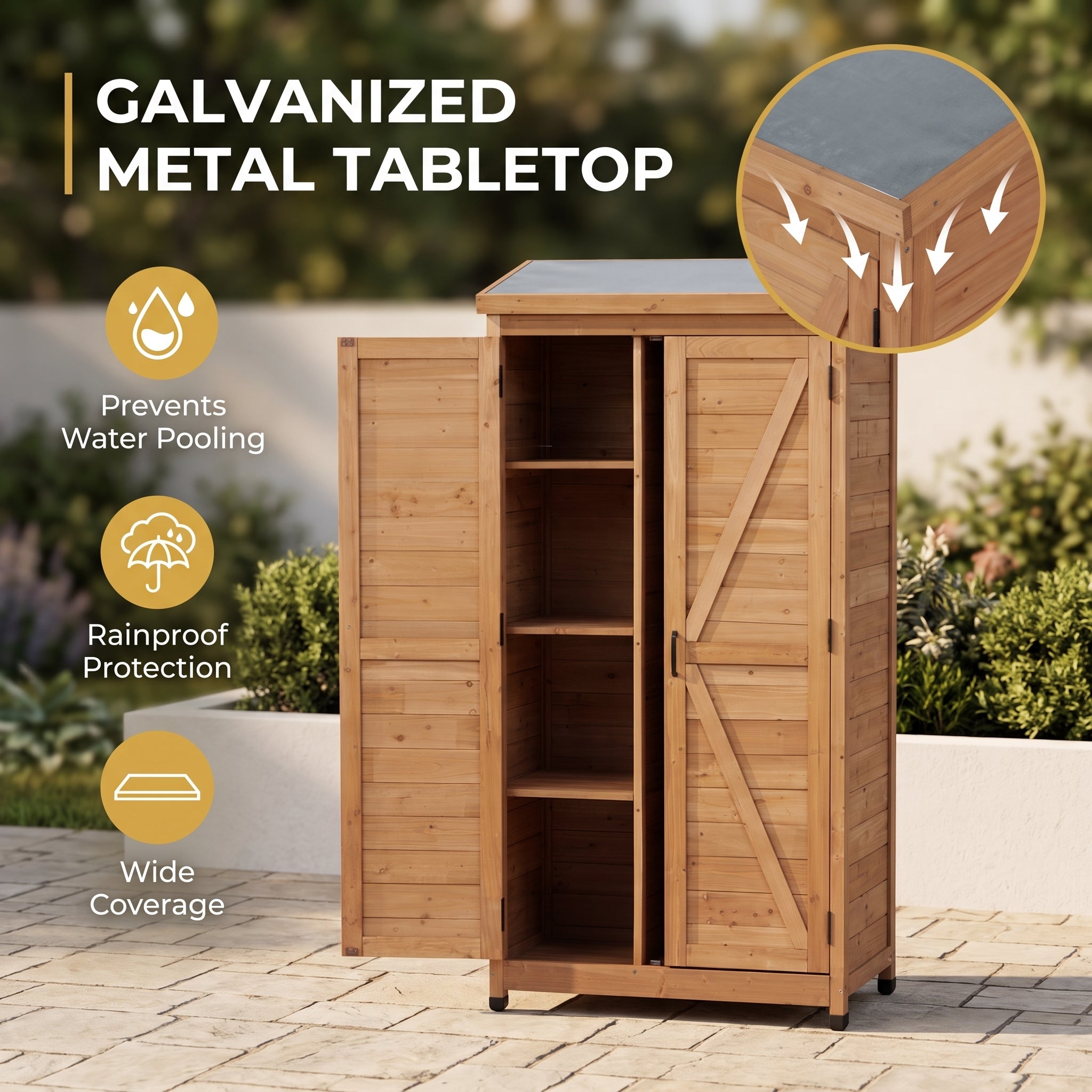 Outdoor Wooden Storage Shed with Metal Top Tall Vertical Tool Cabinet