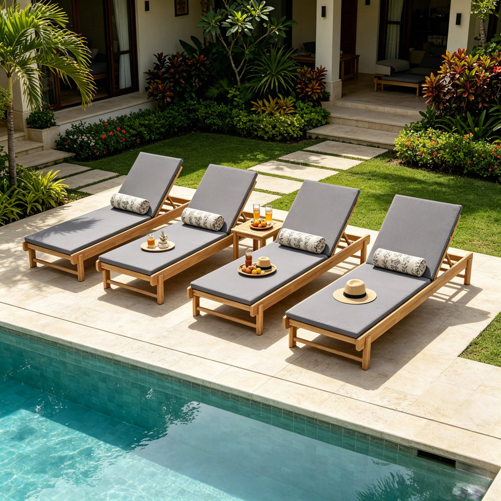 Light Teak Acacia Wood Chaise Lounge Set: 1 Frame + 1 2-Fold Dark