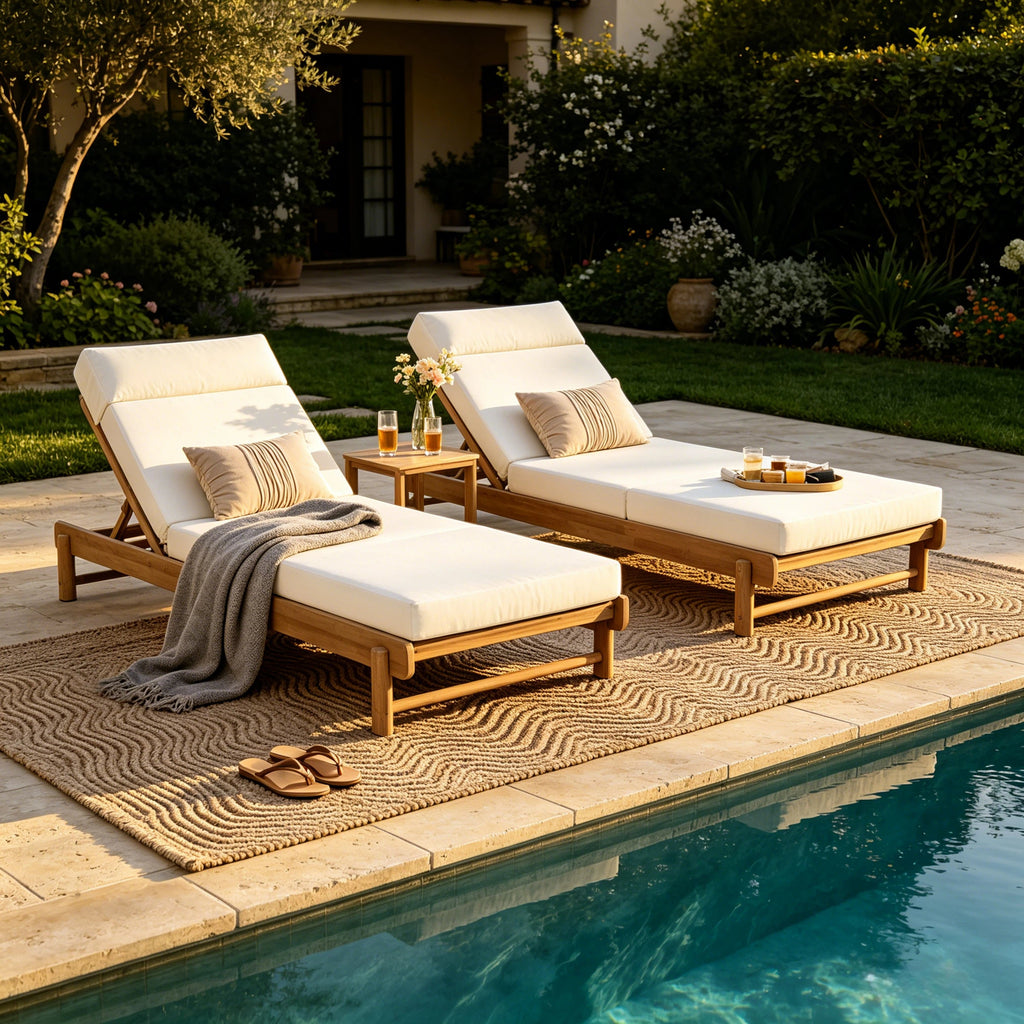 Light Teak Acacia Wood Chaise Lounge Set: 1 Frame + 1 4-Fold