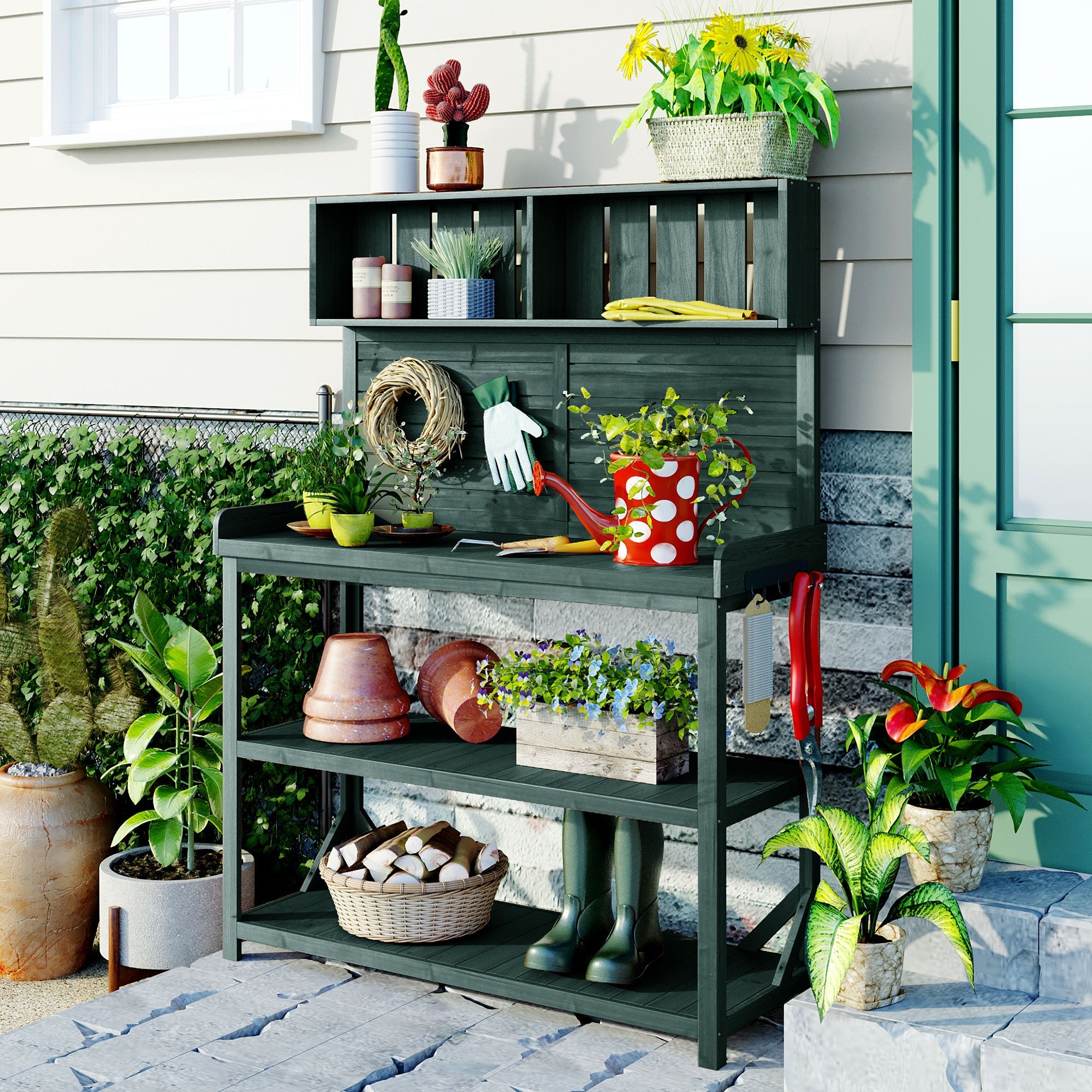 TOPMAX 65" Large Wooden Farmhouse Rustic Outdoor Potting Bench