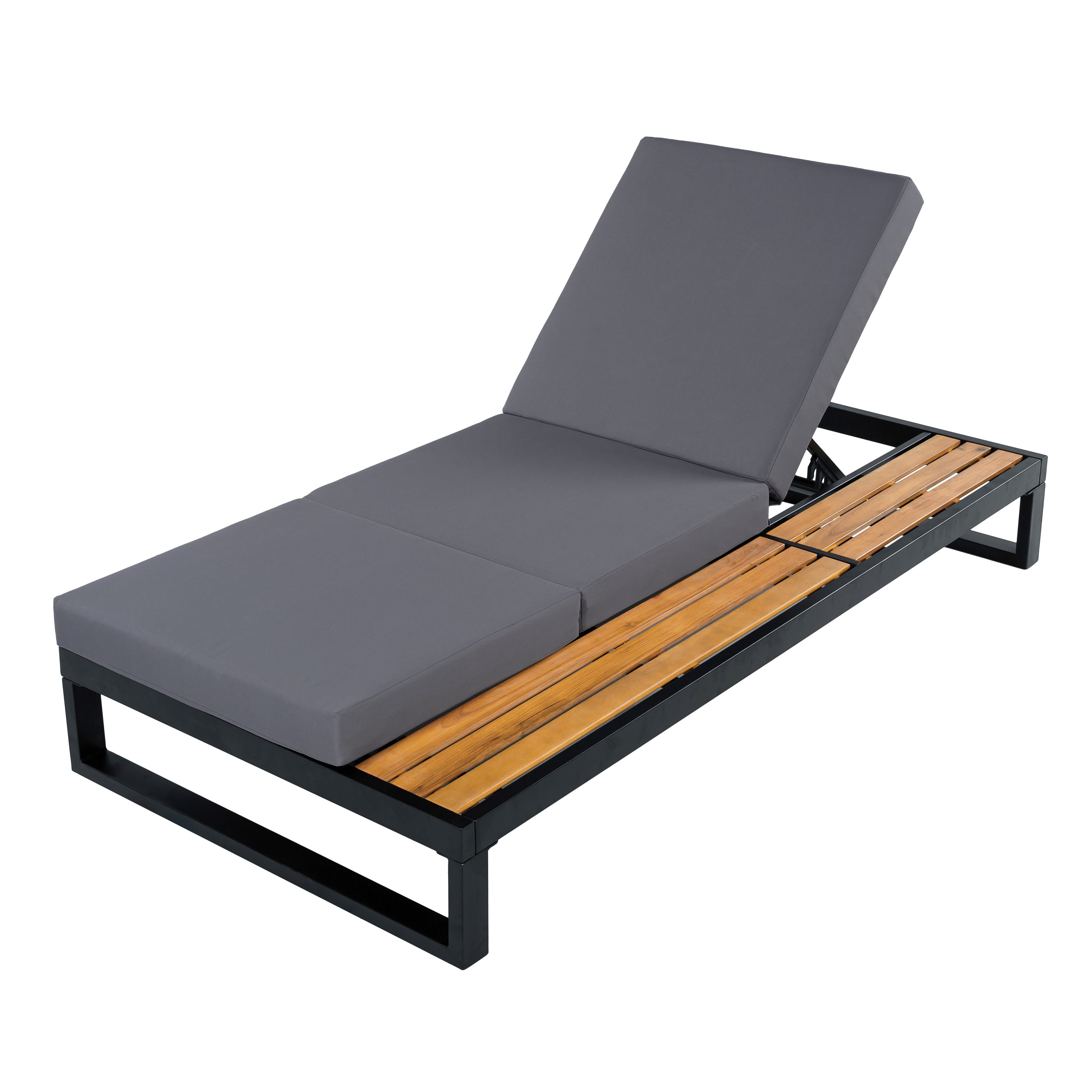 Black Iron & Teak Finish Chaise Lounge Set: 1 Frame + 1 3-Fold Dark Cushion
