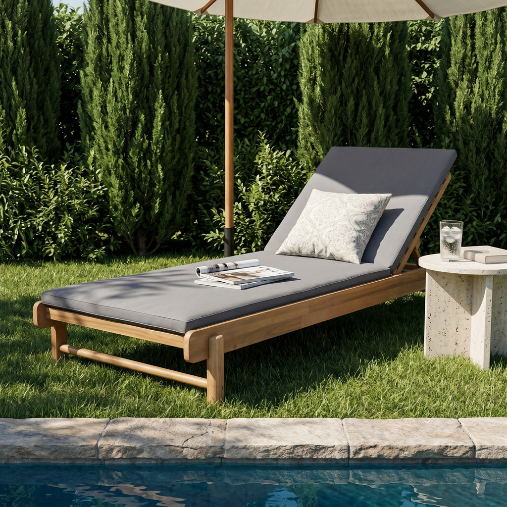 Light Teak Acacia Wood Chaise Lounge Set: 1 Frame + 1 2-Fold Dark