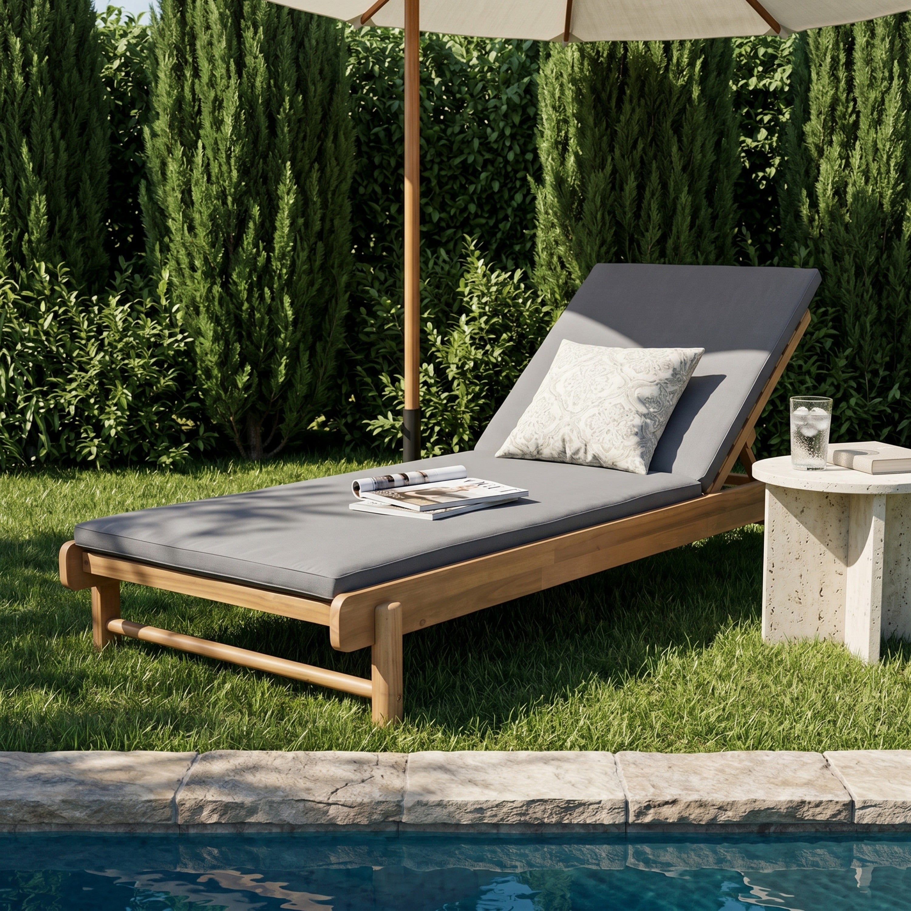 Light Teak Acacia Wood Chaise Lounge Set: 1 Frame + 1 2-Fold Dark