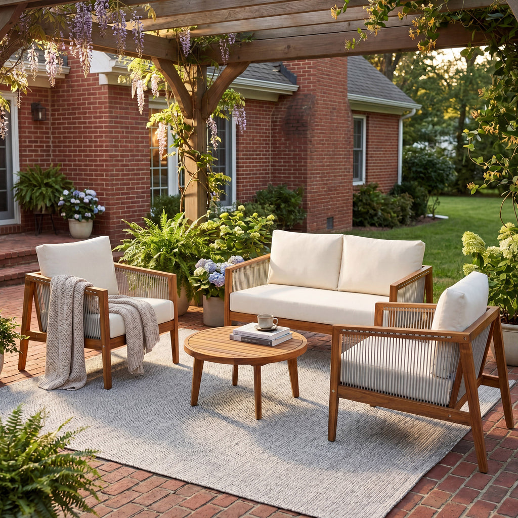 Outdoor 4-Piece Sofa Set, Acacia Wood Frame with Rope Detail
