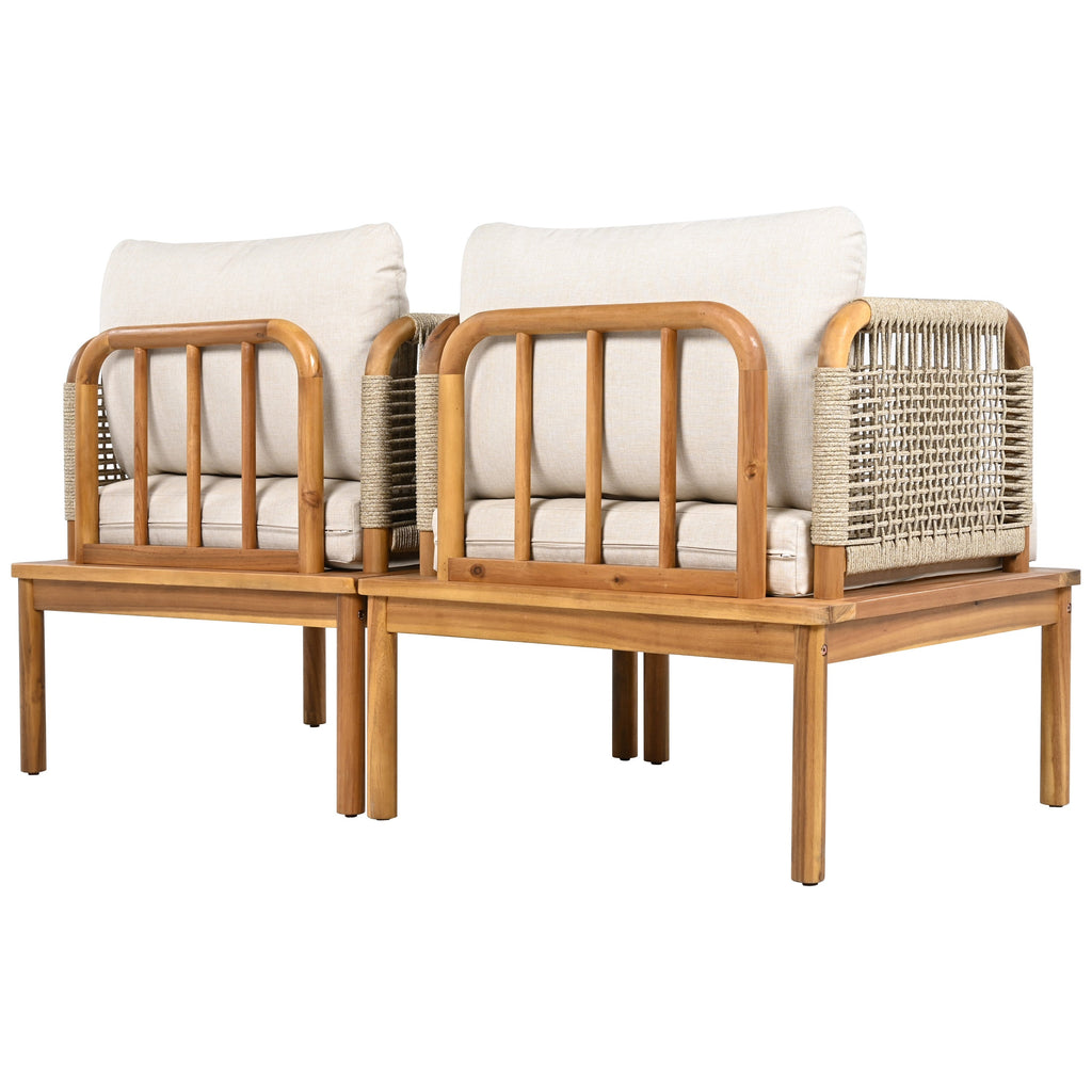 Outdoor Acacia Wood and Rope Club Chair with Cushions (Set of 2)