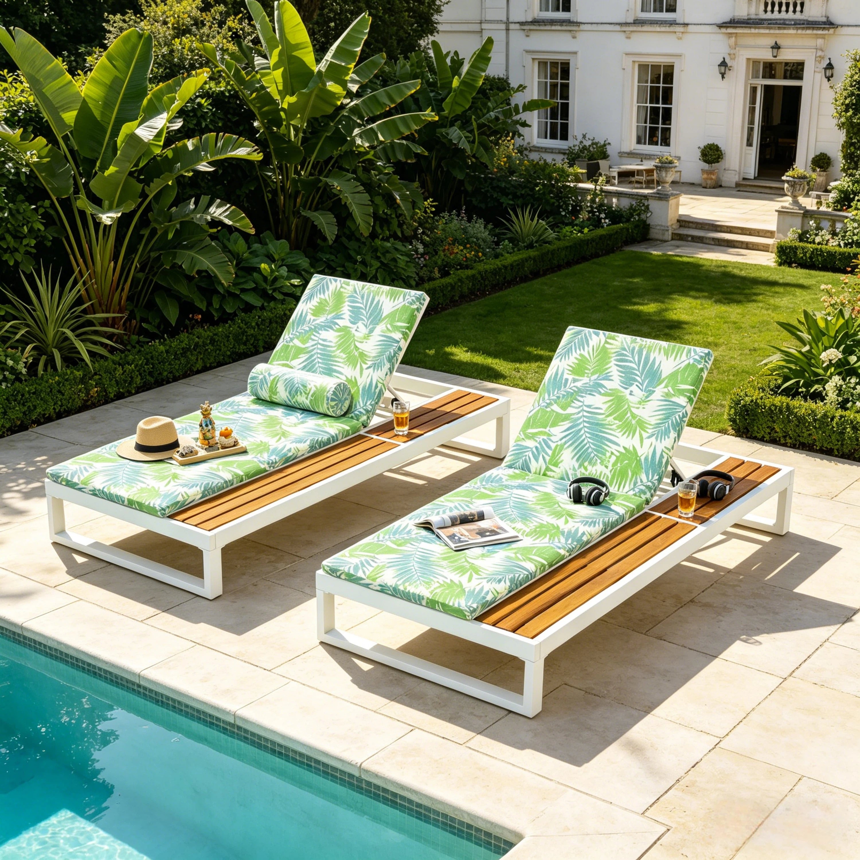 White Iron & Teak Finish Chaise Lounge Set