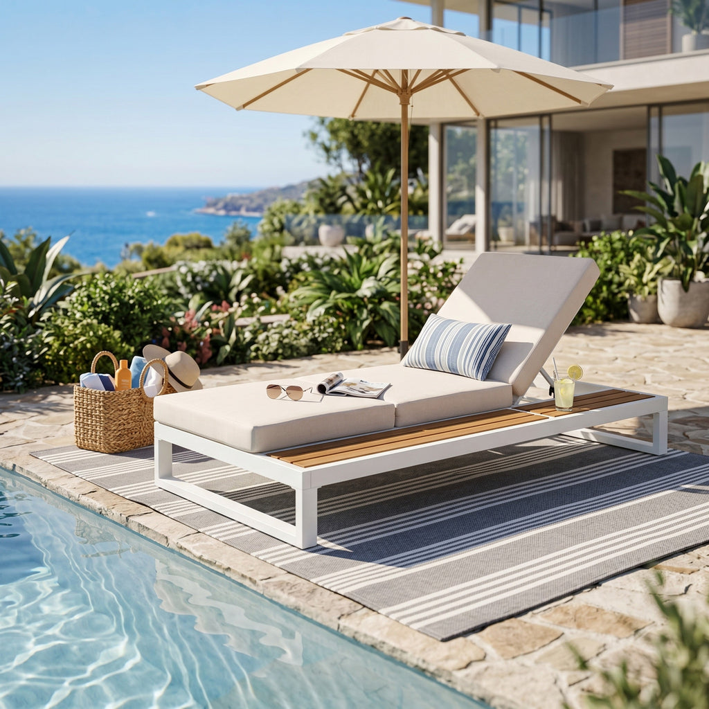 White Iron & Teak Finish Chaise Lounge Set