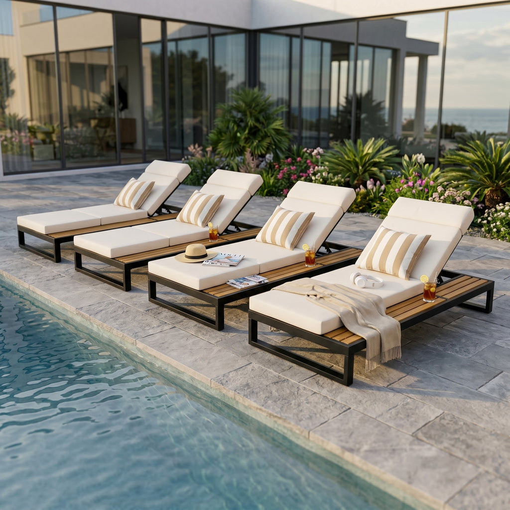 Black Iron & Teak Finish Chaise Lounge Set: 1 Frame + 1 4-Fold