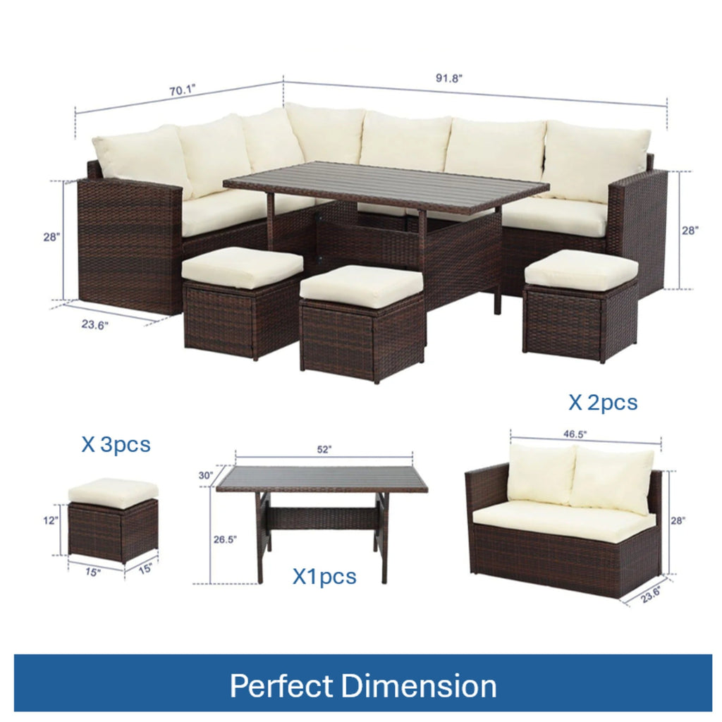 7 Piece Wicker Outdoor Dining Set, 9-Seat Outdoor Sectional