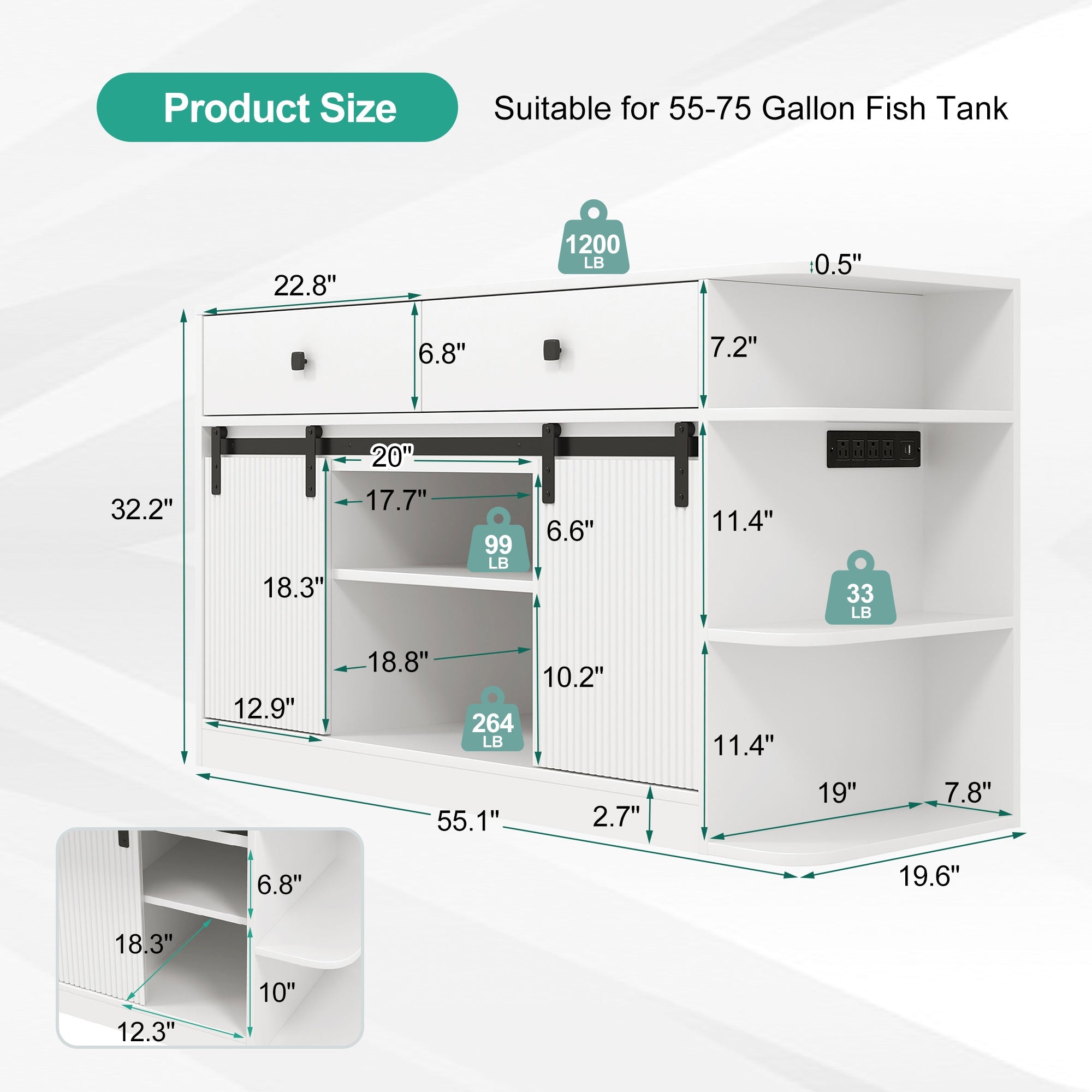 75 Gallon Fish Tank Stand with LED Light & Power Outlets