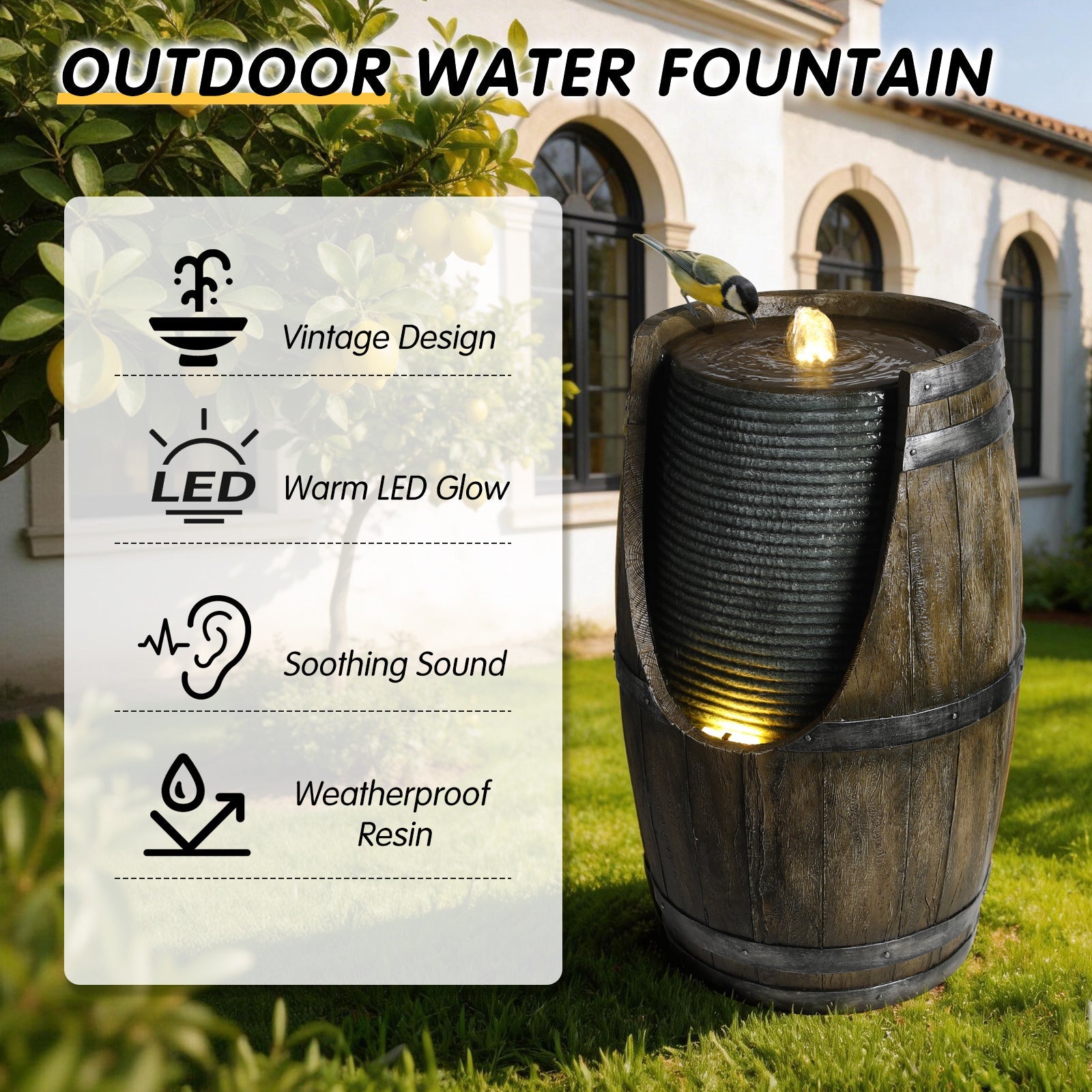 Outdoor Water Fountain with Bird Waterer