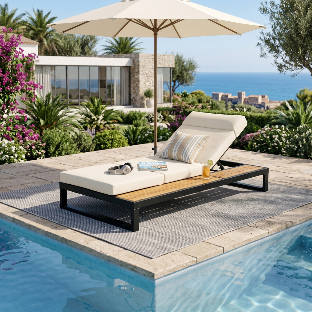Black Iron & Teak Finish Chaise Lounge Set: 1 Frame + 1 4-Fold
