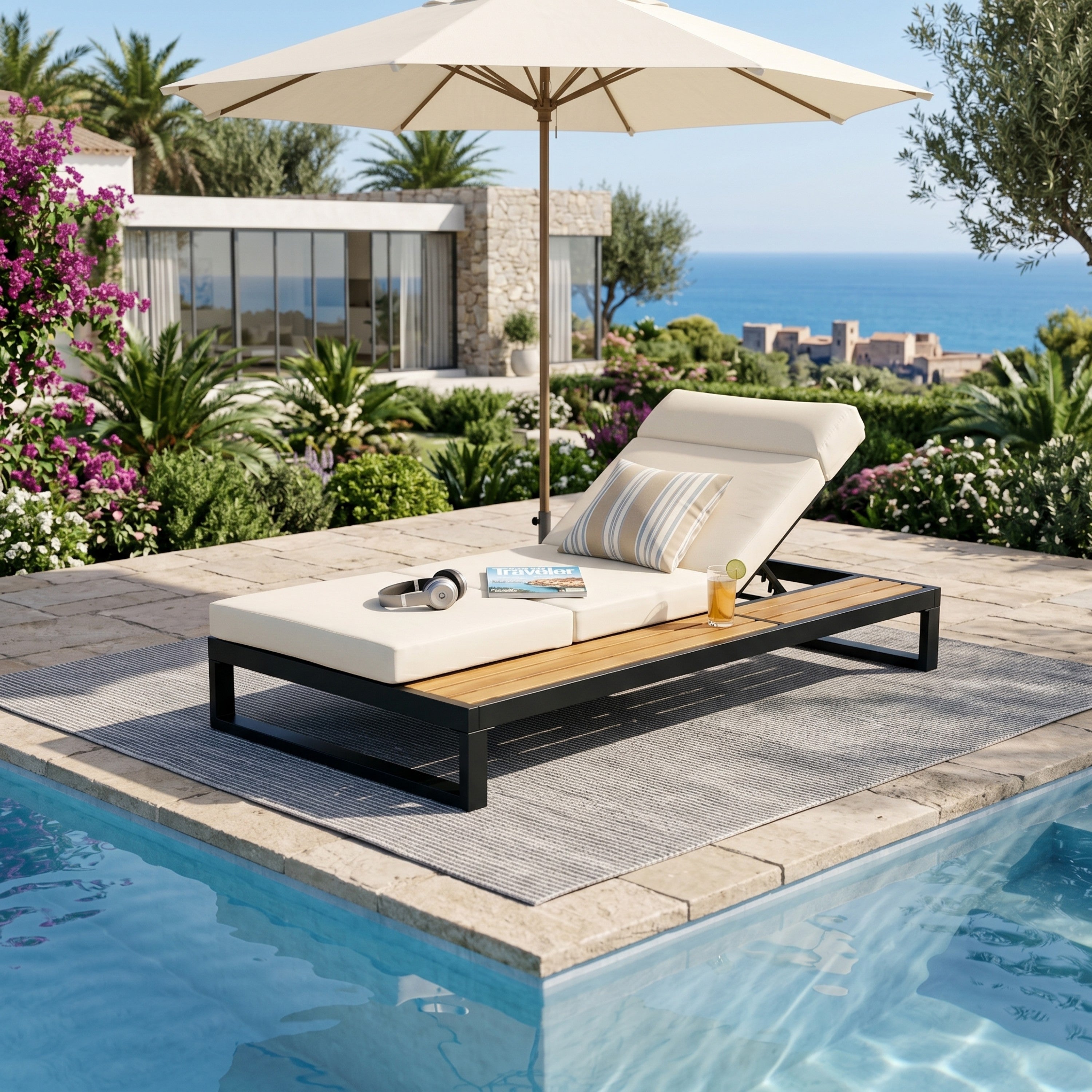 Black Iron & Teak Finish Chaise Lounge Set: 1 Frame + 1 4-Fold