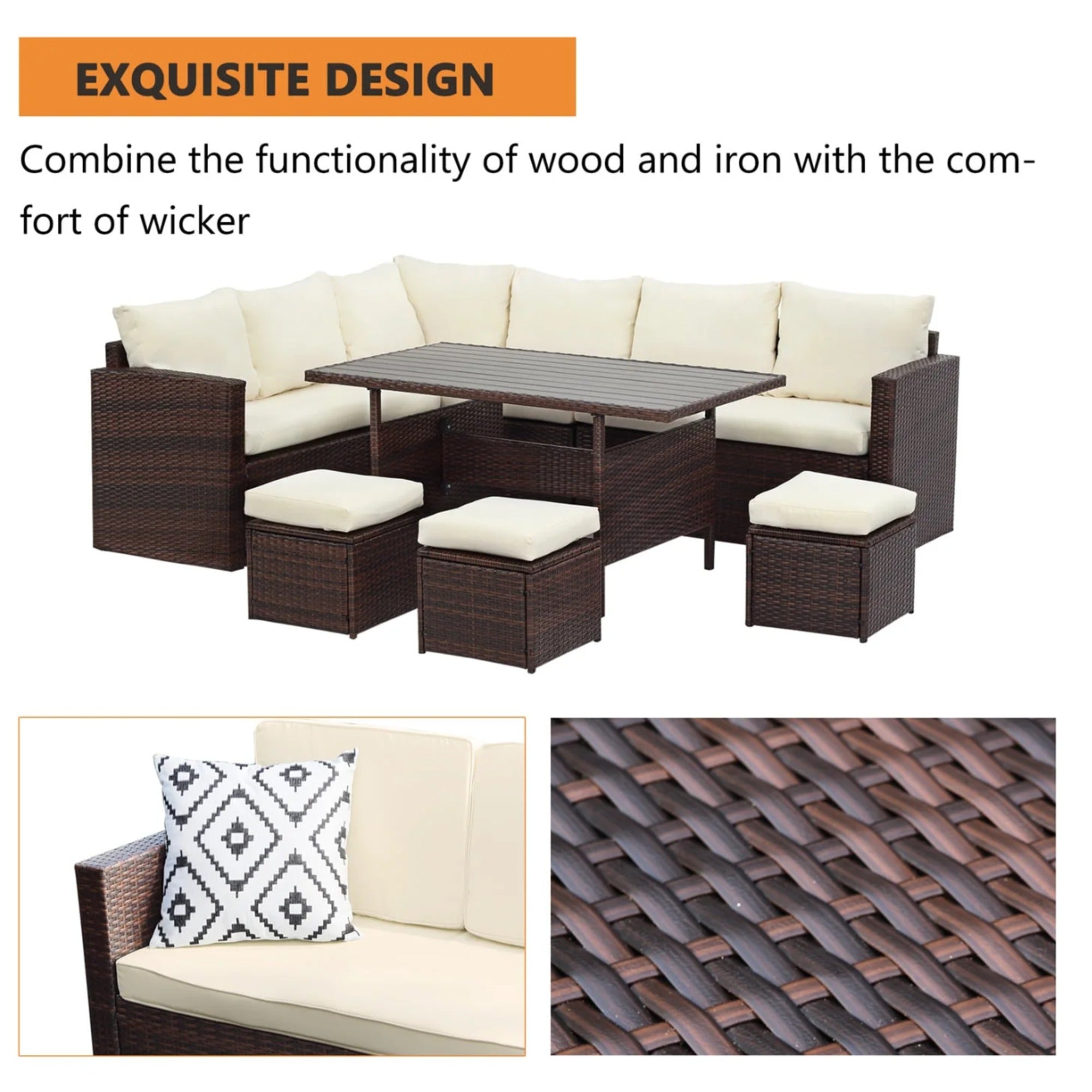 7 Piece Wicker Outdoor Dining Set, 9-Seat Outdoor Sectional