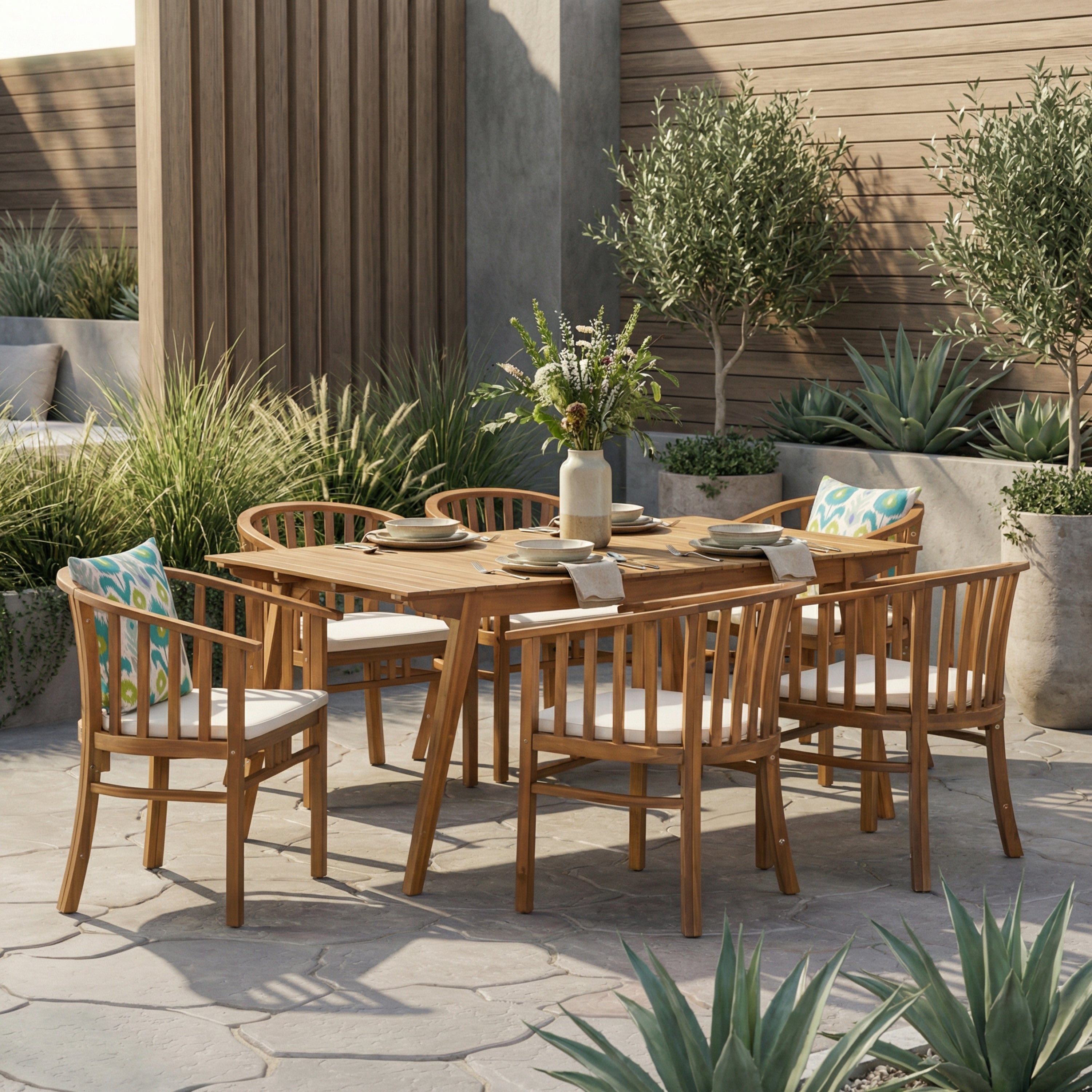 Outdoor 6 Seater Acacia Wood Dining Set with Cushions