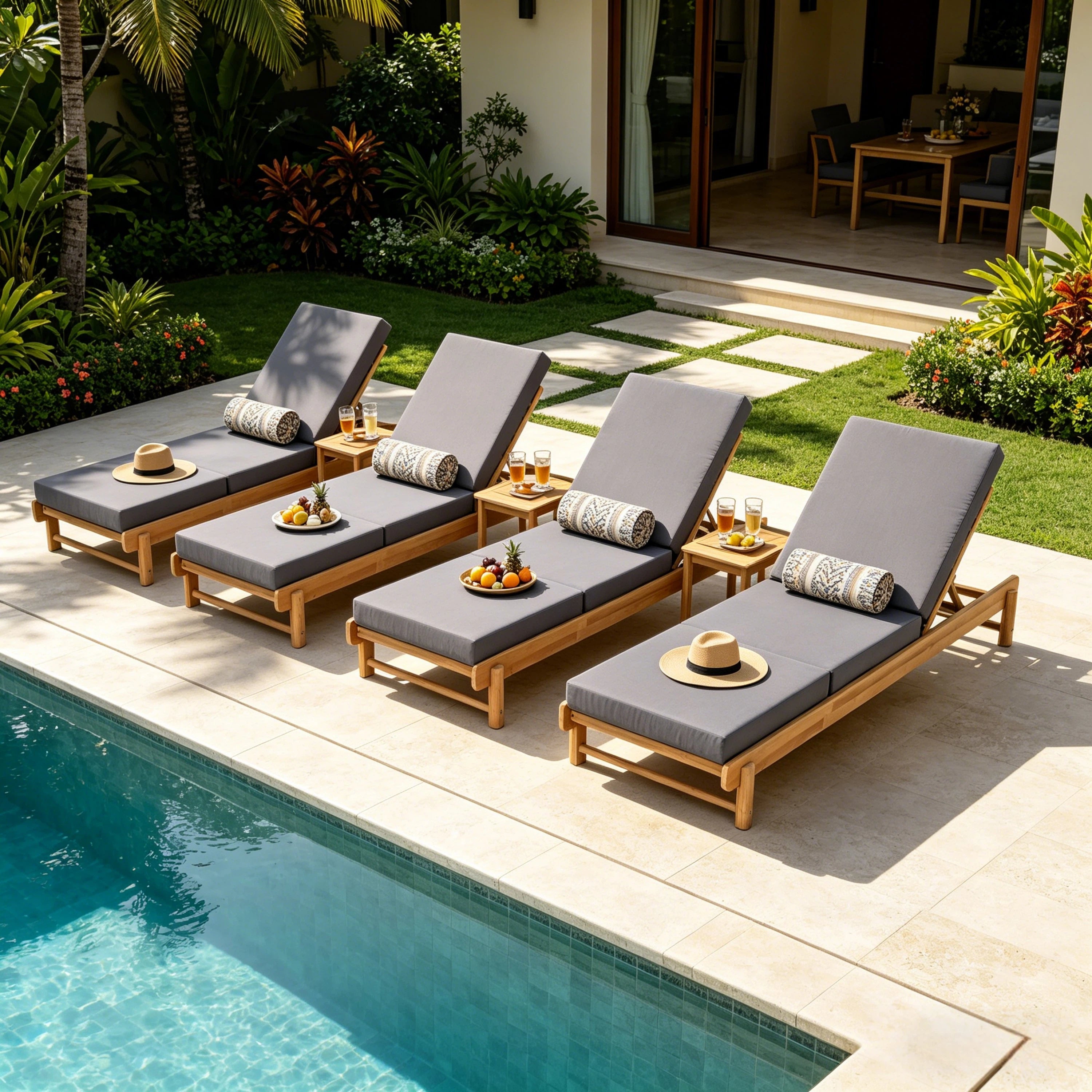Light Teak Acacia Wood Chaise Lounge Set