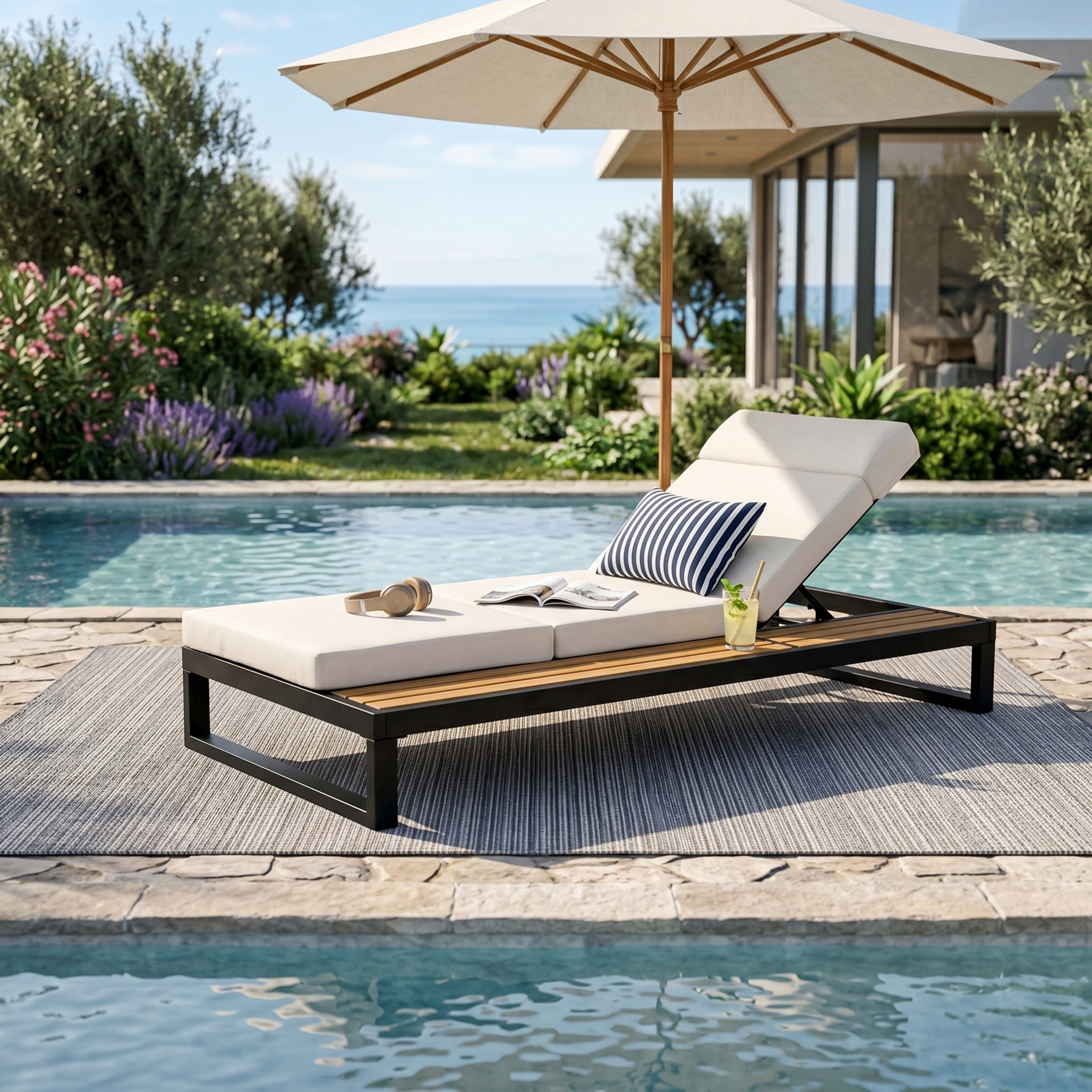 Black Iron & Teak Finish Chaise Lounge Set: 1 Frame + 1 4-Fold