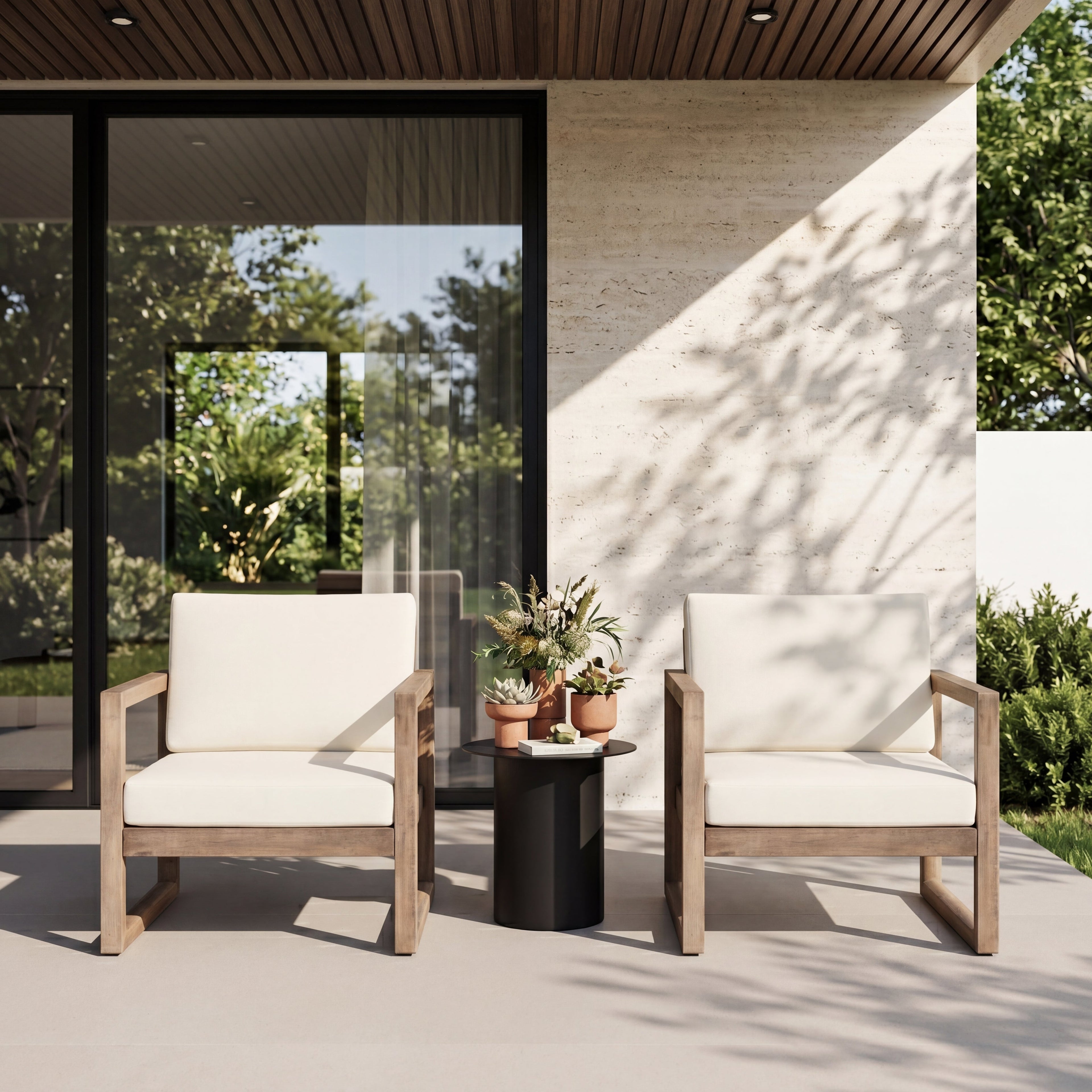Set of 2 Outdoor Acacia Wood Patio Club Chairs