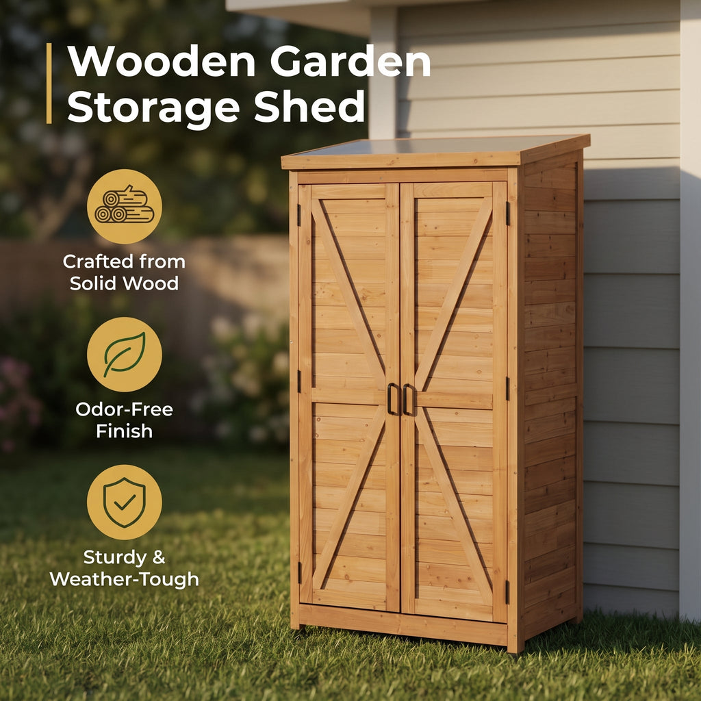 Outdoor Wooden Storage Shed with Metal Top Tall Vertical Tool Cabinet