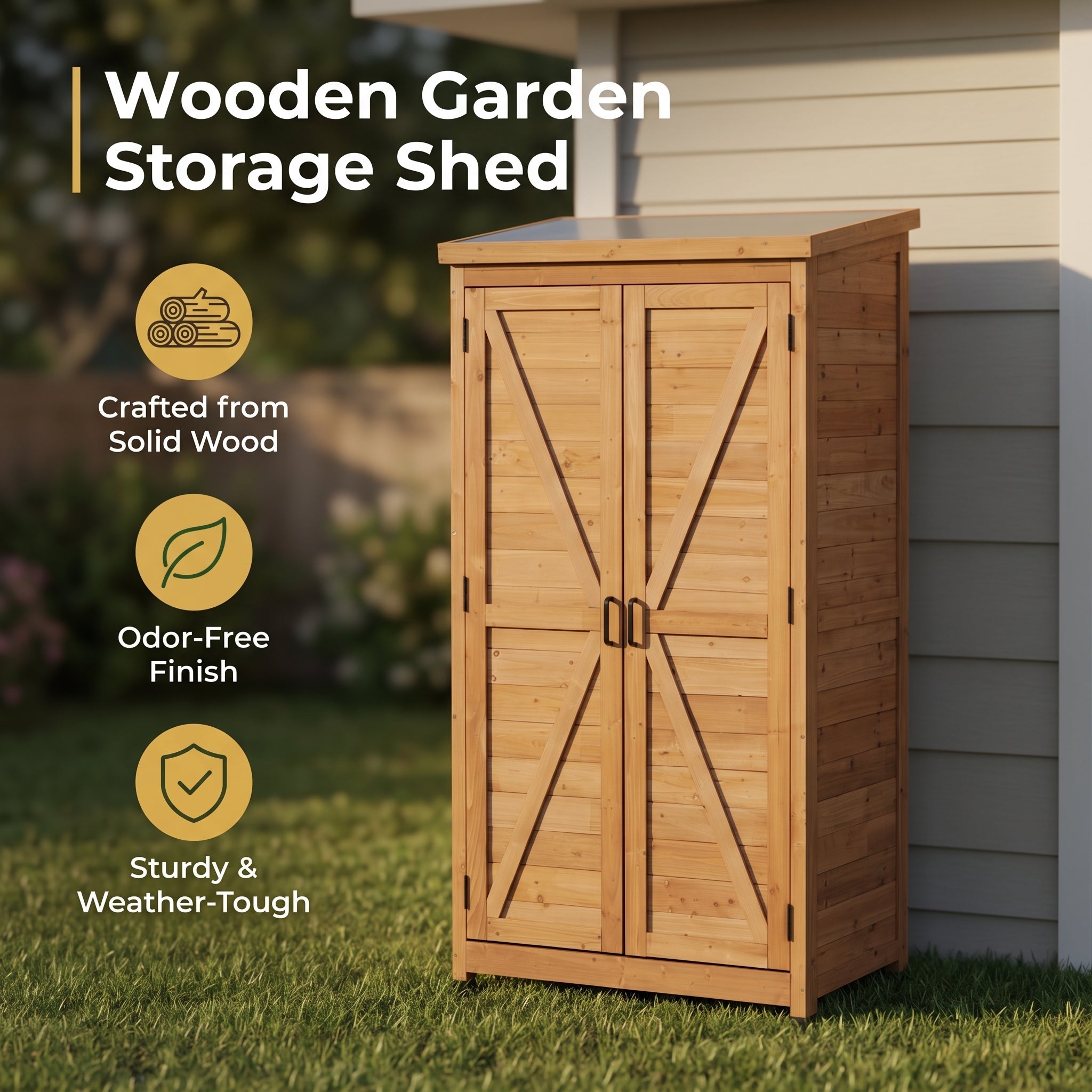 Outdoor Wooden Storage Shed with Metal Top Tall Vertical Tool Cabinet