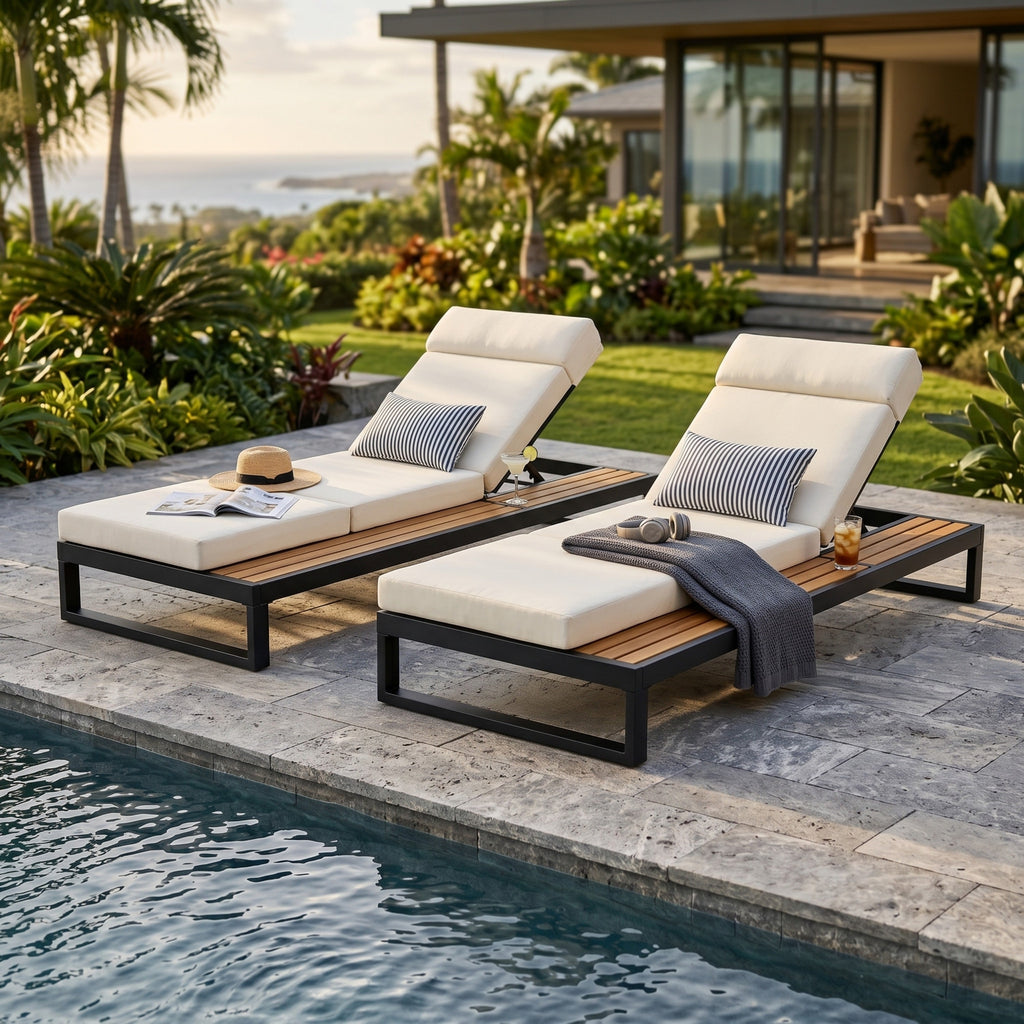 Black Iron & Teak Finish Chaise Lounge Set: 1 Frame + 1 4-Fold
