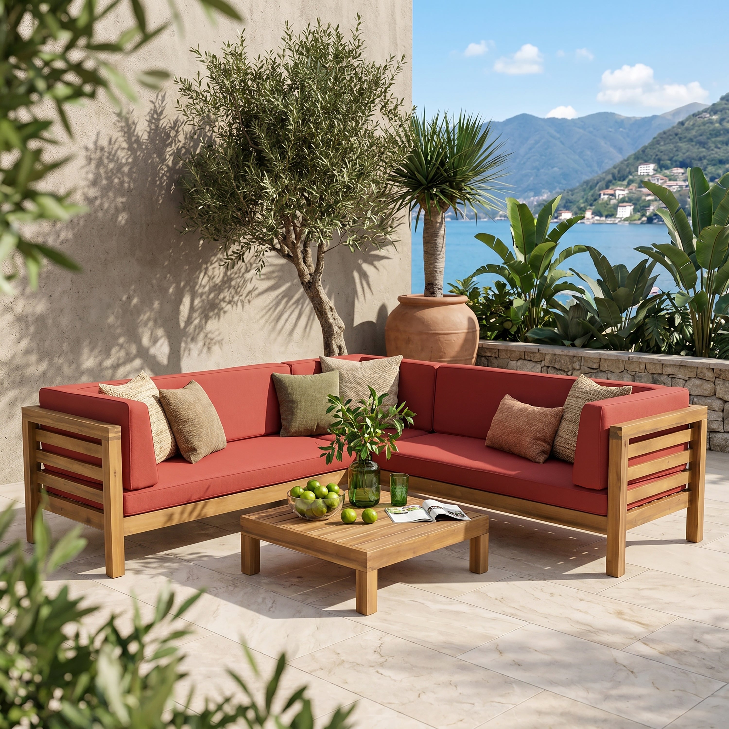 Oana Outdoor Wooden Sectional Set With Cushions