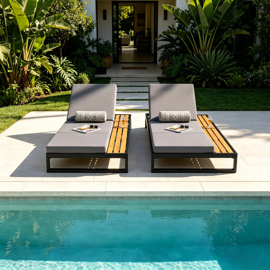 Black Iron & Teak Finish Chaise Lounge Set: 1 Frame + 1 3-Fold Dark Cushion